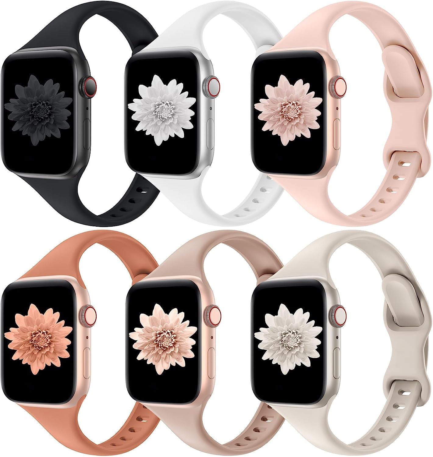 Distore 6 Pack Bands Compatible with Apple Watch 38Mm 40Mm 41Mm 42Mm 44Mm 45Mm 49Mm, Slim Thin Narrow Replacement Soft Silicone Sport Strap for Iwatch Series Ultra 8/7/6/5/4/3/2/1 SE Women Men  Distore Black/White/Pink Sand/Brown/Milk Tea/Starlight 38/40/41mm 