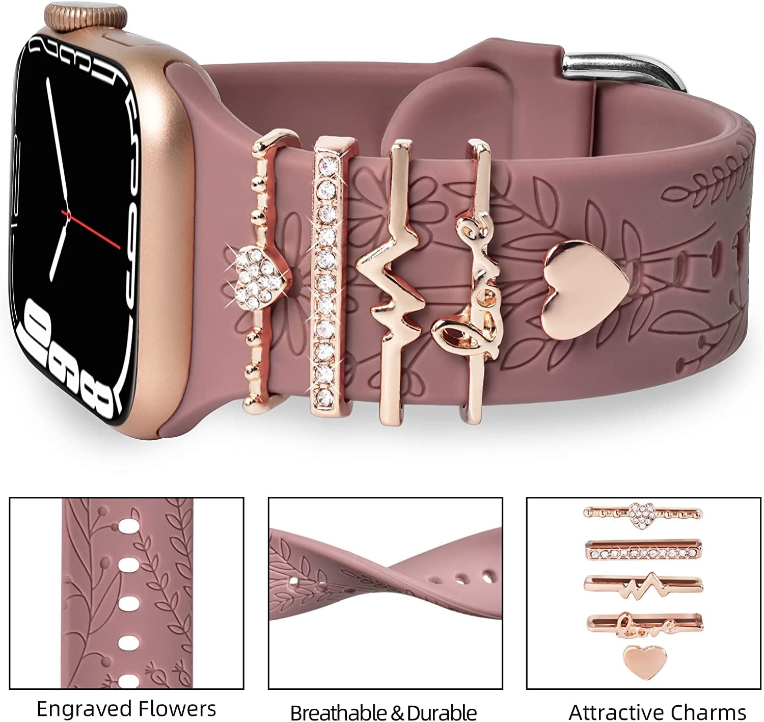 Watch Band Charms (Band Included), Compatible with Apple Watch Band 38Mm 40Mm 41Mm, ORATYFAN Floral Engraved Silicone Bands & Metal Decorative Ring Loops Accessories for Iwatch Series Se 8 7 6 5 4 3 2 1  ORATYFAN   