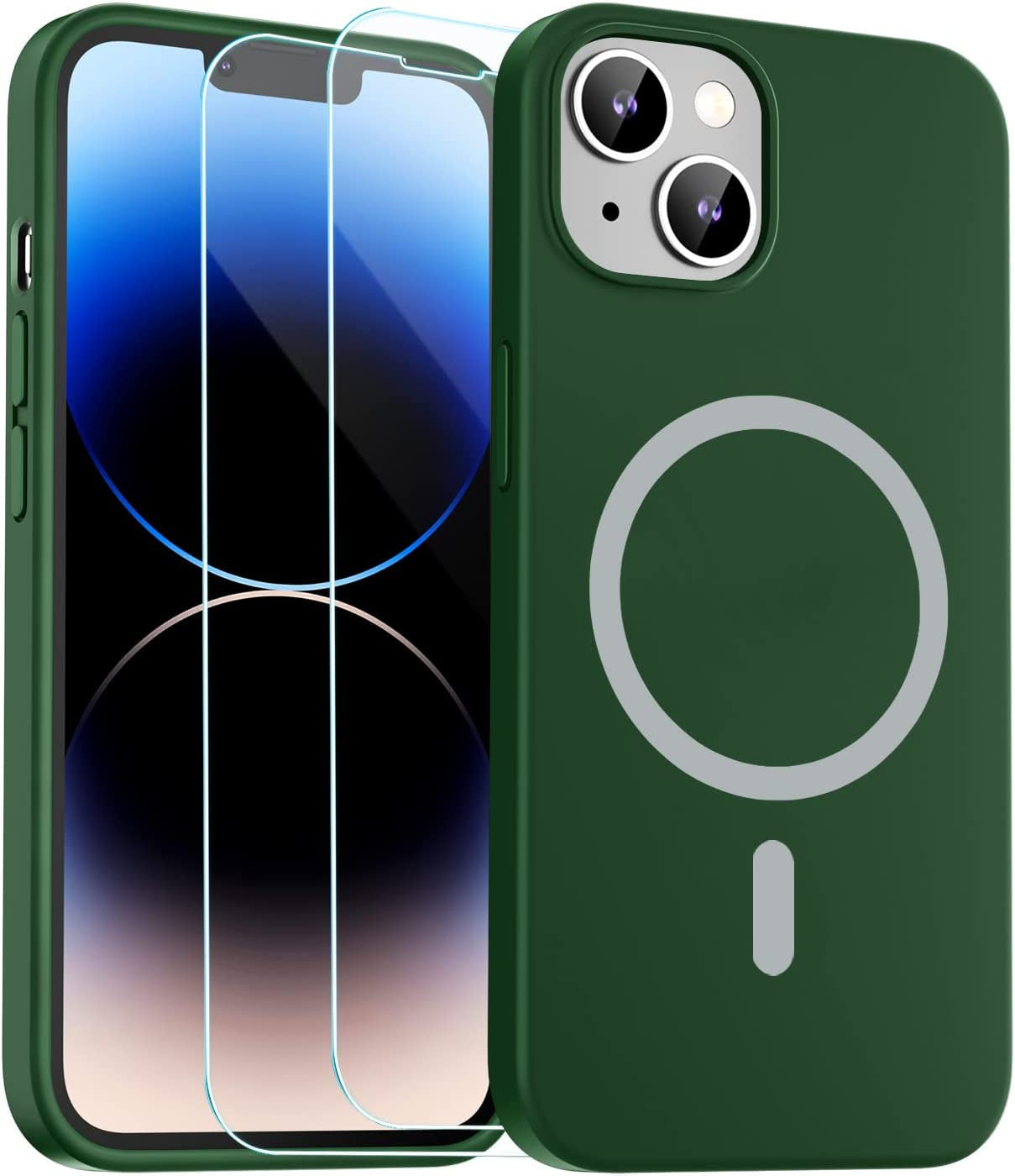 Zapica Liquid Silicone Magnetic for Iphone 14 Case, [Compatible with Magsafe] [With 2 Pack Glass Screen Protector] Anti-Scratch, Shockproof, Slim Soft Phone Case for Iphone 14, 6.1 Inch (Black)  zapica Dark Green  
