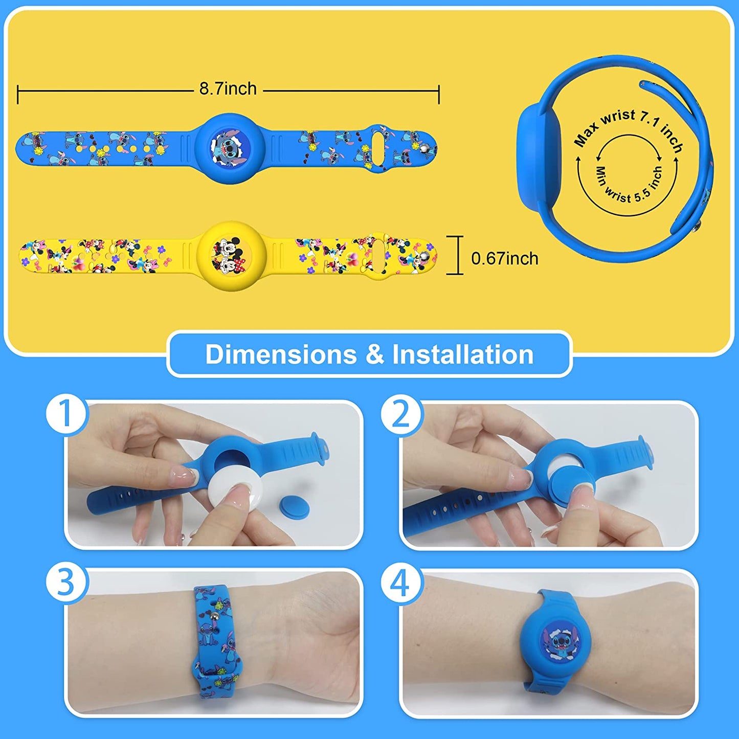 [2Pack] Airtag Kids Bracelet, Cartoon Wristband Adjustable Hidden Watch Band Air Tag Holder for Apple Air Tag, Cute Soft Silicone Anti-Lost Waterproof Case (Blue+Yellow)  ZOICIP   