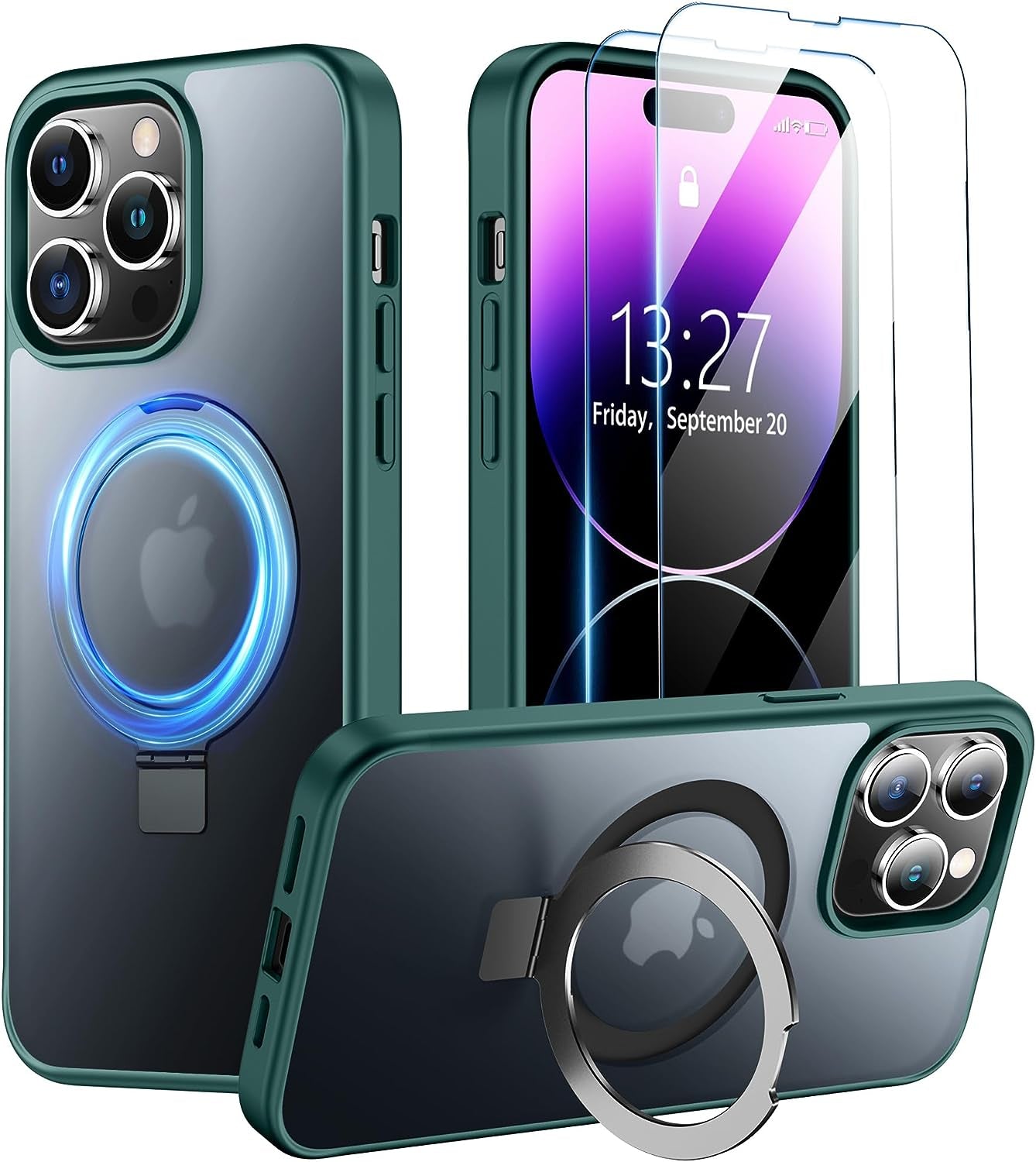 SPIDERCASE for Iphone 14 plus Case with Magnetic Invisible Stand,[Compatible for Magsafe][Military Grade Shockproof][2 Pack Tempered Glass Screen Protector] Translucent Matte Phone Case, Black  SPIDERCASE Green Iphone 14 Pro 