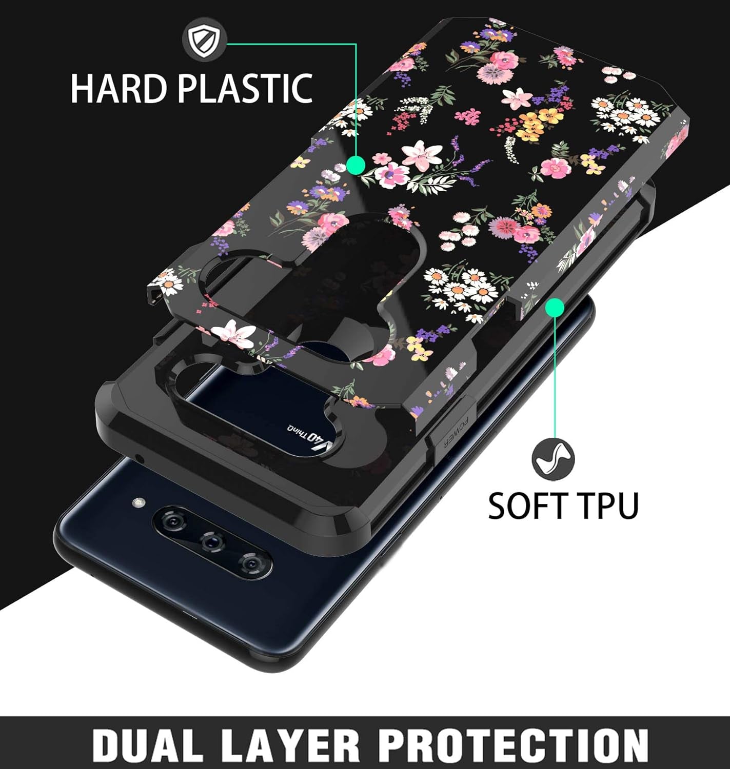 Shinymax Protective Phone Case for LG V40/LG V40 Thinq,Flowers Design Heavy Duty Hybrid Dual Layer Armor Cover Cute Flexible Sturdy Anti-Scratch Shockproof Bumper Case for Women and Girls-Floral/Black  ShinyMax   