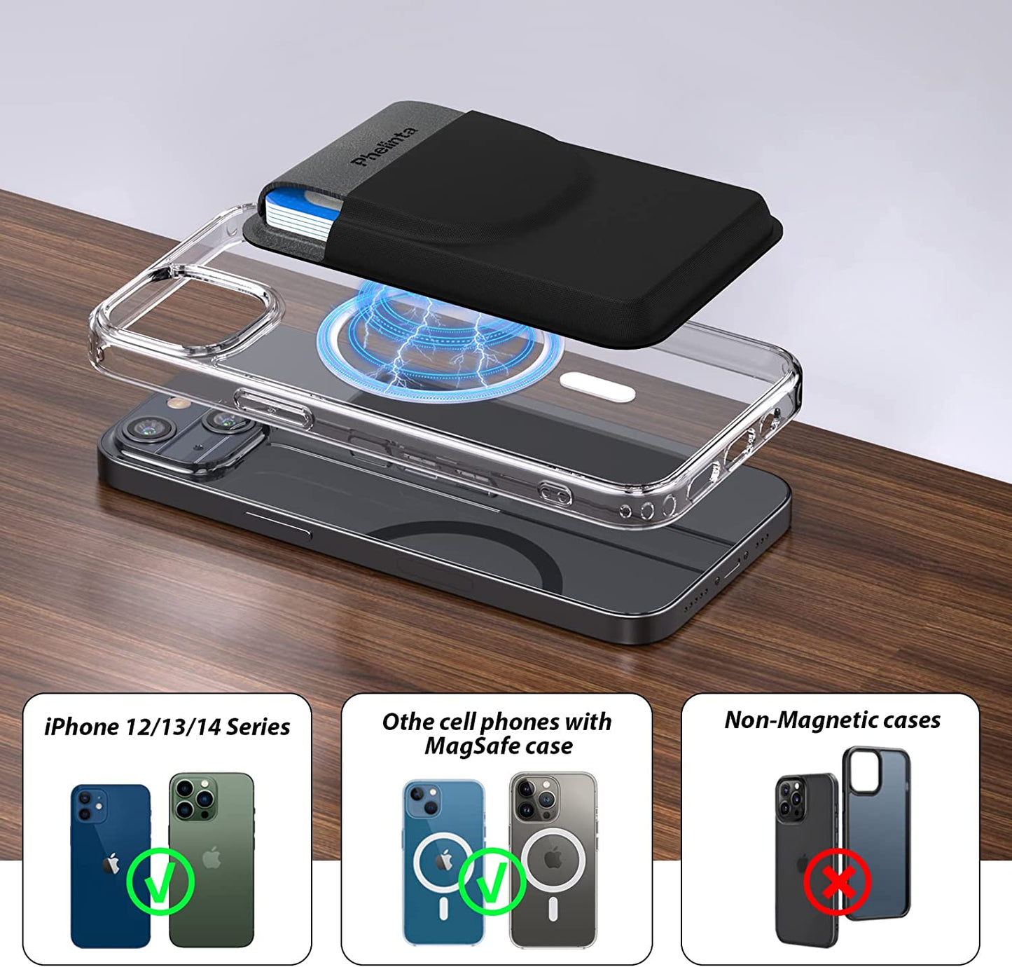 Magnetic Wallet for Iphone 14 13 12 Series, for Mag-Safe Wallet Card Holder Compatible with Iphone 14 Pro Max/14 Plus/14/13 Pro Max/13/12 Pro Max/12, Stretchy Fabric Magnetic Card Holder with Flap  Phelinta   