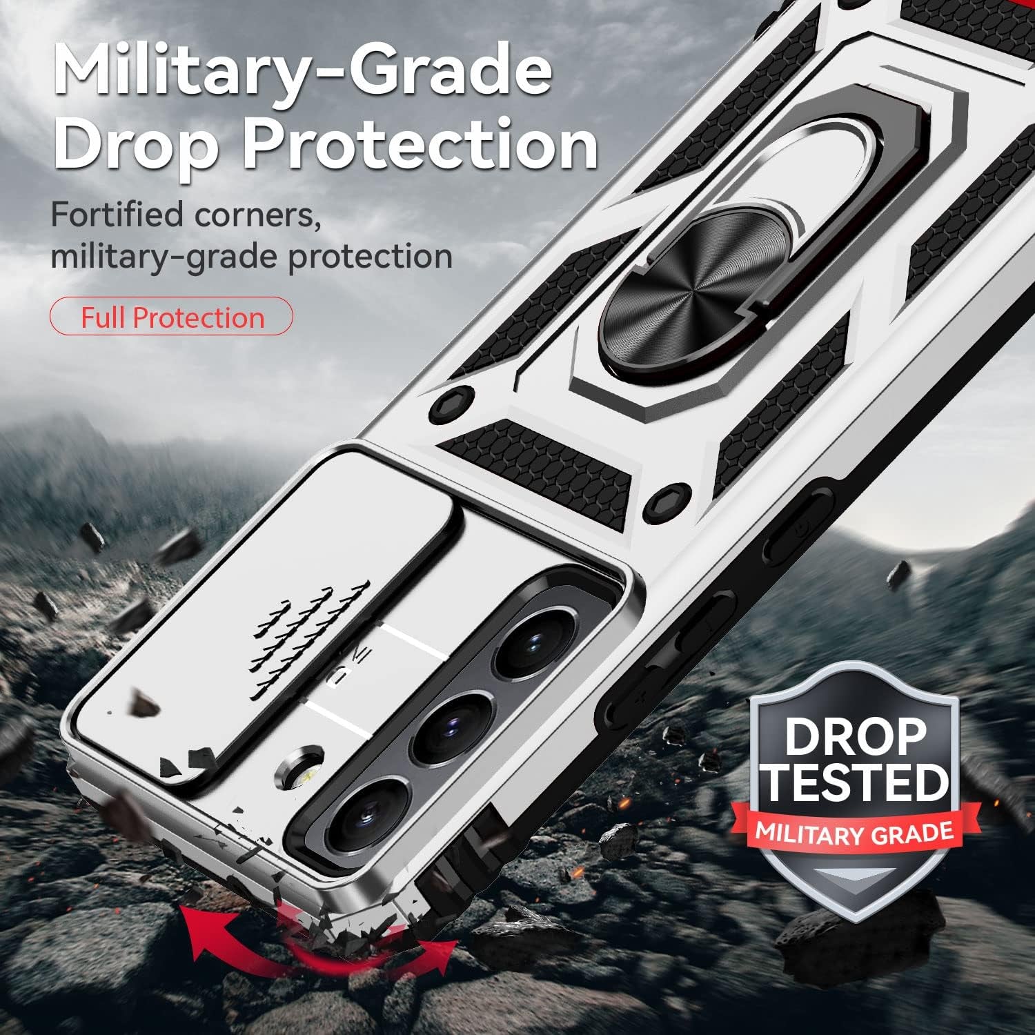 Compatible with Samsung Galaxy S22 Case with Screen Protector and Slide Camera Cover Military Grade Shockproof Heavy Duty Kickstand Bumper Car Mount Full-Body Protective for Samsung S22 Case -Silver  LEZYWONE   