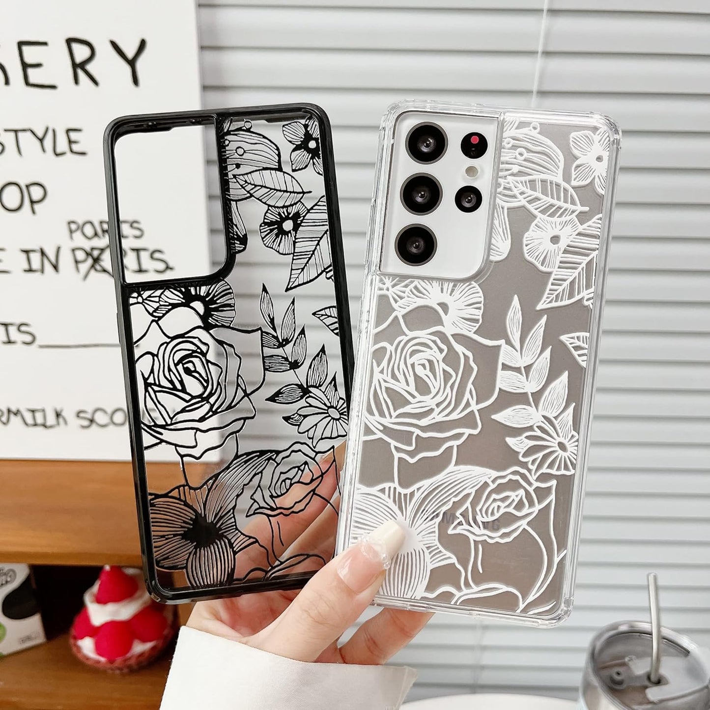 XIZYO for Samsung Galaxy S21 Ultra Case Floral Rose Phone Case Cute Aesthetic Phone Case for Women Girls Clear Back Cover Pattern Slim Anti-Yellow Shockproof TPU Bumper Case, Black  XIZYO   