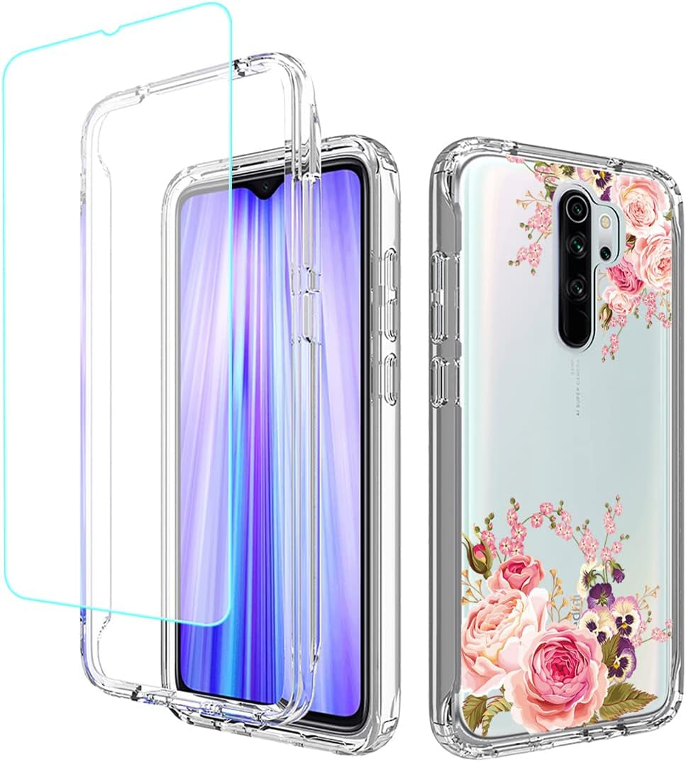 Gufuwo Case for Redmi Note 8 Pro M1906G7I Case with Tempered Glass Screen Protector, Clear 360 Full Body Protection Hard Shell+Soft TPU Bumper Shockproof Cover Case for Xiaomi Redmi Note 8 Pro (Clear)  Gufuwo Roseflower  