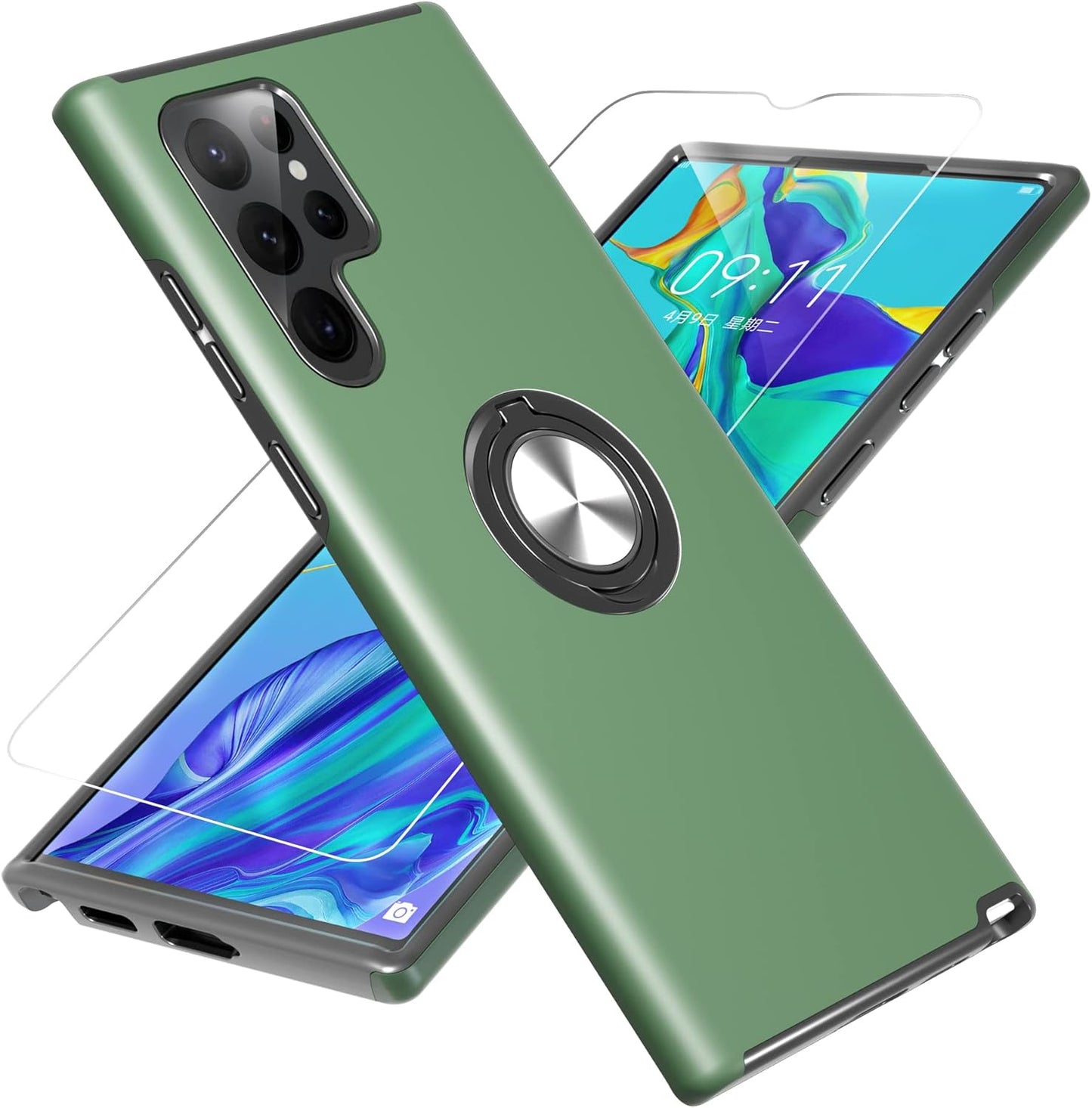 Gritup Samsung Galaxy S22 Ultra Case, Galaxy S22 Ultra Case with HD Screen Protector, [Military Grade] Shockproof Protection Case with 360° Magnetic Ring Holder Kickstand for Samsung S22 Ultra, Blue  Gritup Green  