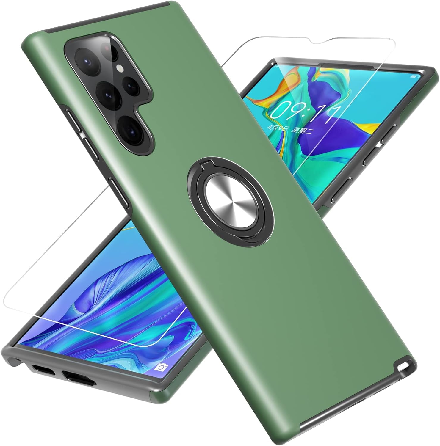 Gritup Samsung Galaxy S22 Ultra Case, Galaxy S22 Ultra Case with HD Screen Protector, [Military Grade] Shockproof Protection Case with 360° Magnetic Ring Holder Kickstand for Samsung S22 Ultra, Blue  Gritup Green  