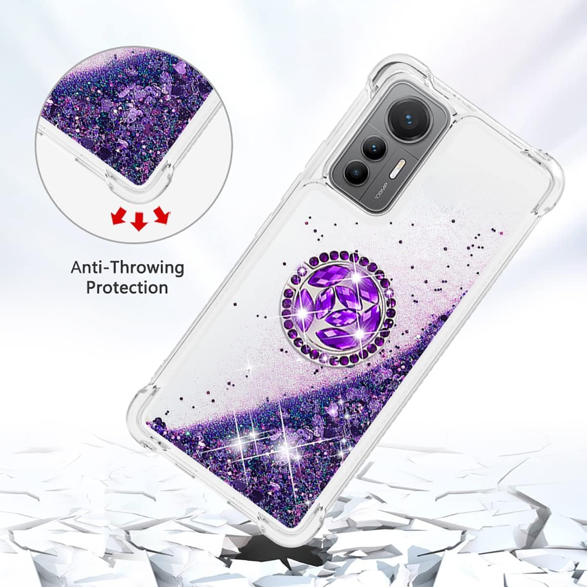 Ccsmall Glitter Clear Sparkly Bling Case for Xiaomi 12 Lite, Rugged Shockproof Flowing Liquid Floating Cover for Women with Ring Holder Phone Case for Xiaomi 12 Lite LSZ Purple  CCSmall   