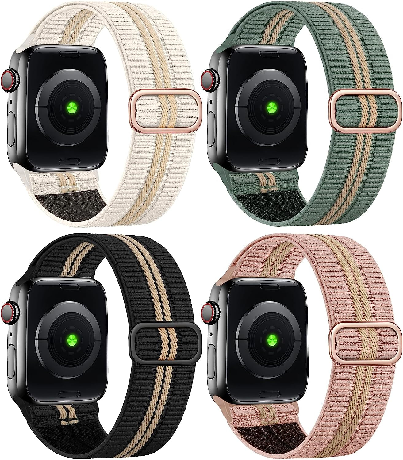 Treasuremax 4 Pack Stretchy Solo Loop Bands Compatible for Apple Watch 38Mm 40Mm 41Mm 42Mm 44Mm 45Mm 49Mm, Adjustable Nylon Elastic Braided Straps for Iwatch Serie Ultra/8/7/6/Se/5/4 3/2/1 Women Men  TreasureMax Black Grain/Pine Green/Pink Sand/Starlight 38MM/40MM/41MM 