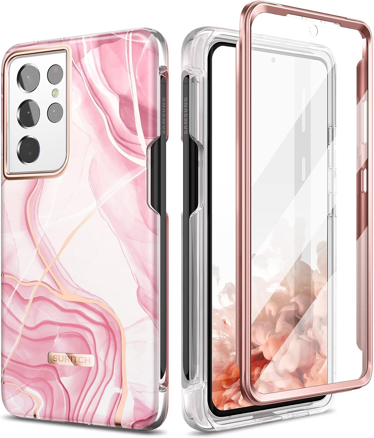 SURITCH Phone Case for Samsung Galaxy S21 Ultra with S-Pen Holder Front Cover Built-In Screen Protector Upgraded Dual-Layer Full Body Protection Anti-Scratch Shockproof for Woman Man, Purple Marble  SURITCH Pink Marble  