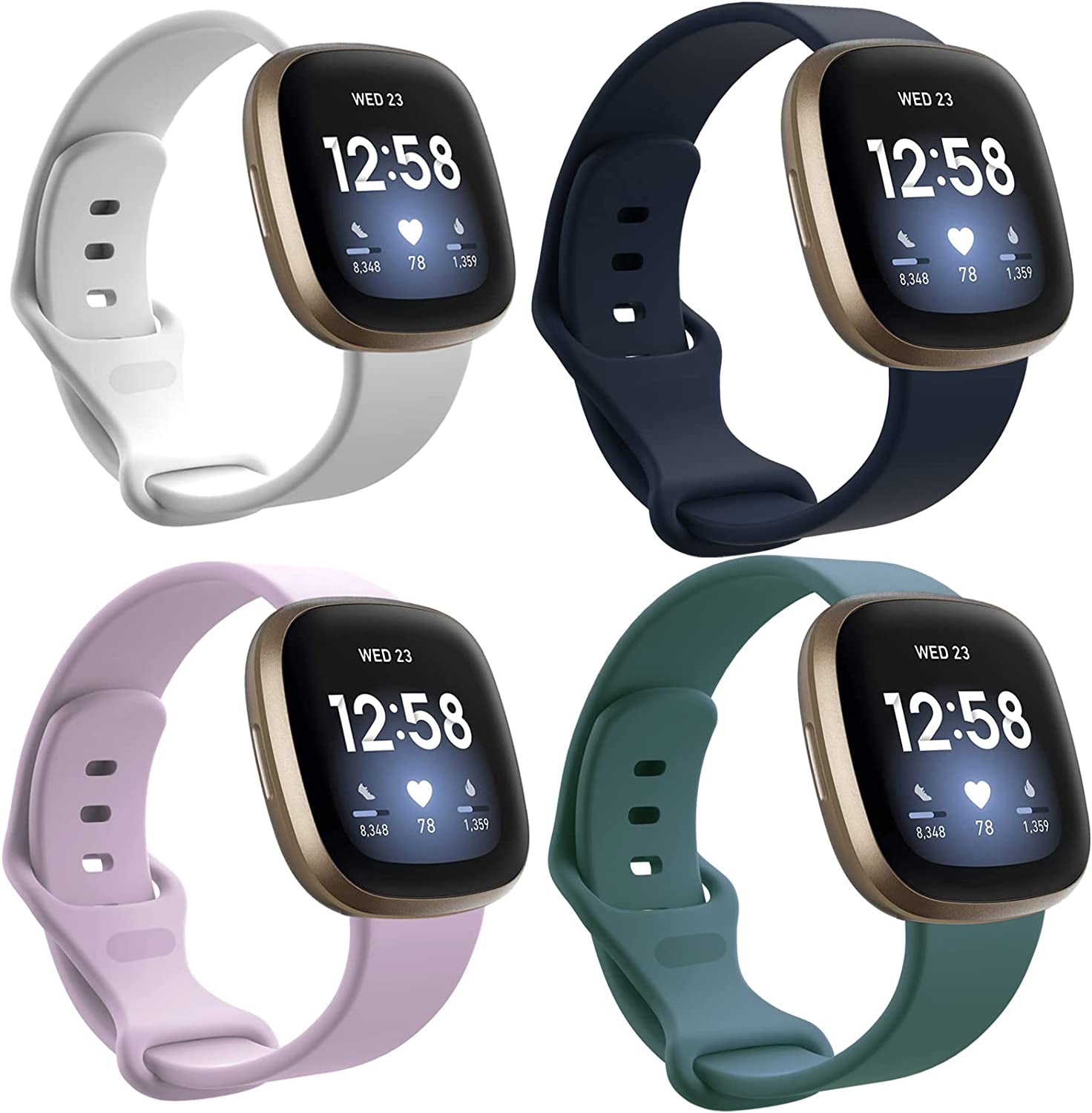 4 Pack Sport Bands Compatible with Fitbit Sense/Versa 3,Classic Soft Silicone Replacement Wristbands for Versa 3 Smart Watch Women Men Large（Black+Dark Blue+Rock Cyan+Grey）  SENGKOB White + Rock Cyan + Dark Blue + Lavender Small 
