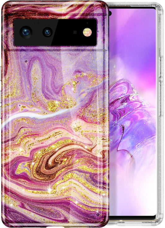 Btscase for Google Pixel 6 Case, Gold Glitter Bling Marble Pattern Hard PC Slim Fit Shockproof Full Body Rugged Drop Protective Women Girls Cover Cute Case for Google Pixel 6 (2021), Drift Sand/Purple  Btscase   