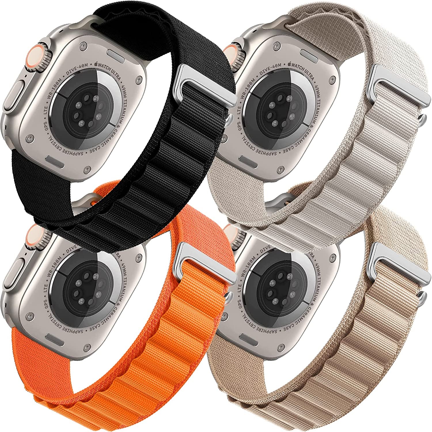 4 Pack Alpine Loop Nylon Band Compatible with Apple Watch Band 49Mm 45Mm 44Mm 42Mm Women Men,Adjustable Sport Metal C-Hook Strap for Iwatch Ultra Series SE 8/7/6/5/4/3/2/1,Black/Orange/Starlight/Green  AWYNJY C-Black/Orange/Starlight/Gold 42/44/45/49mm 