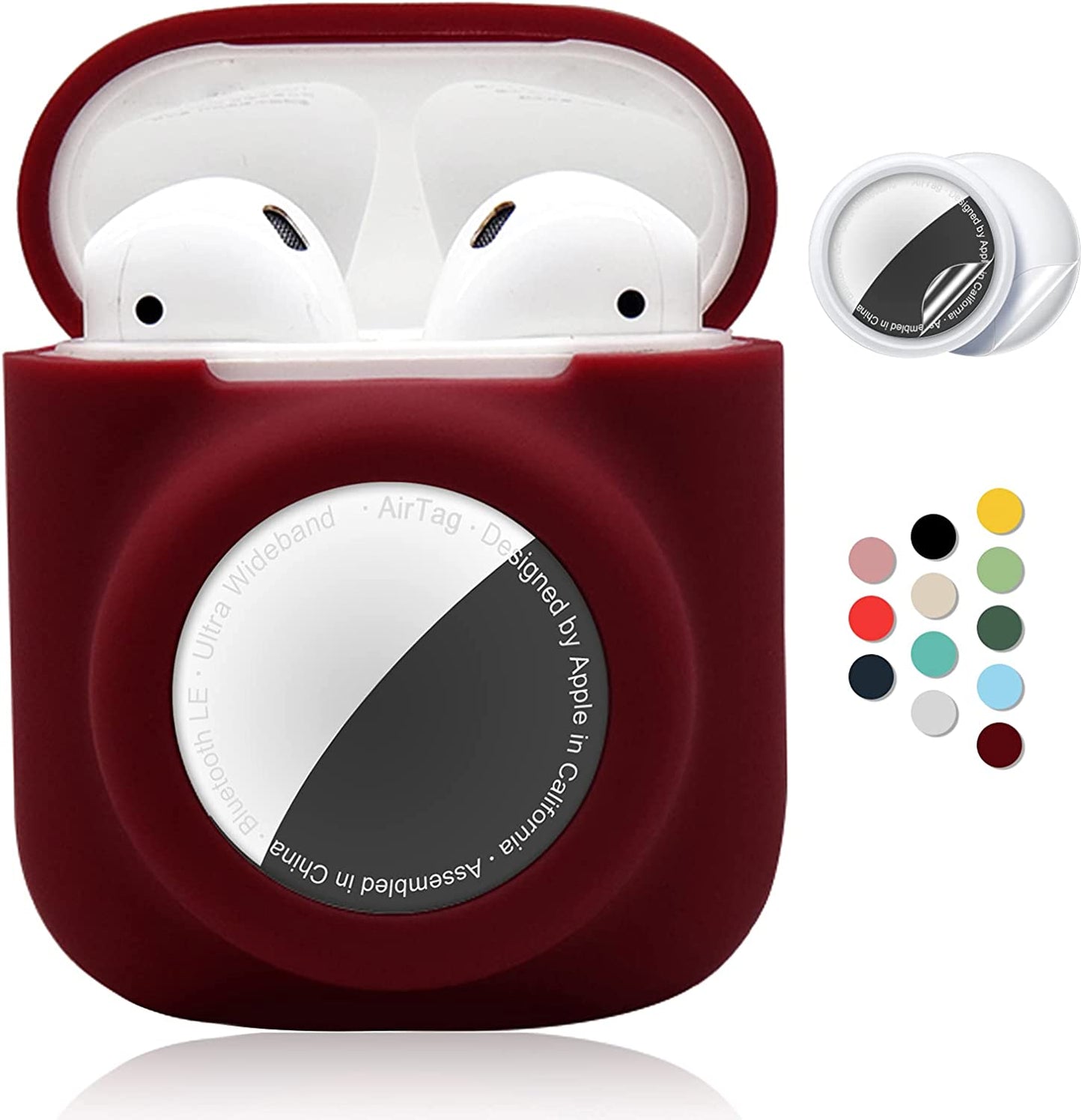 2 in 1 Silicone Protective Skin Cover Compatible with Airpod 1&2 and Airtag, Soft Comprehensive Protective Case with 2 PCS TPU Screen Protector, Anti-Scratch Anti-Fall Anti-Lost(Black)  Enspito WineRed  