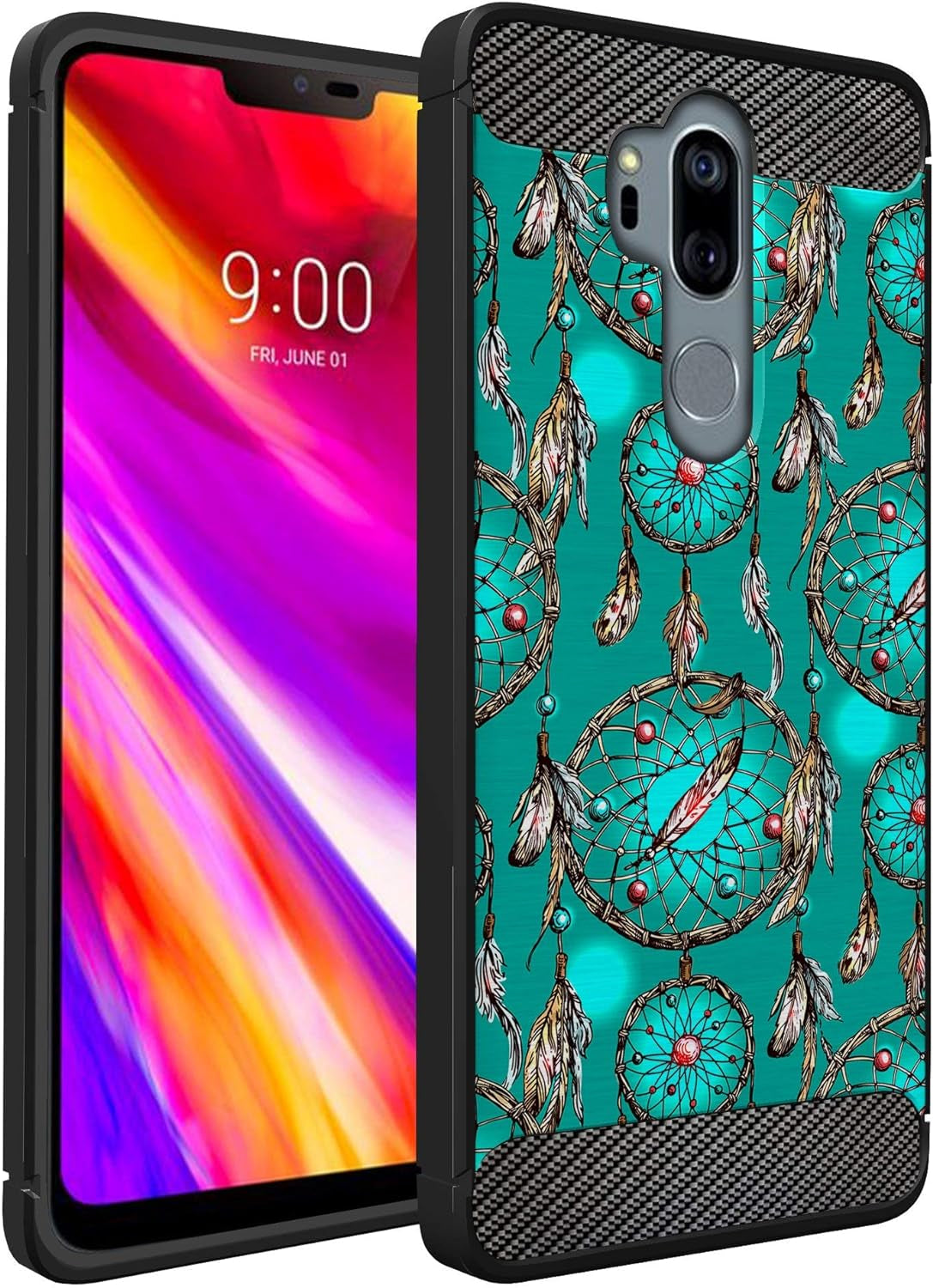 Casesondeck Case Compatible with [LG G7 / LG G7 Thinq] Tribal Floral Matte TPU Flexible Carbon Fiber Textured (Horse Tribal)  CasesonDeck Teal Dreamcatcher  