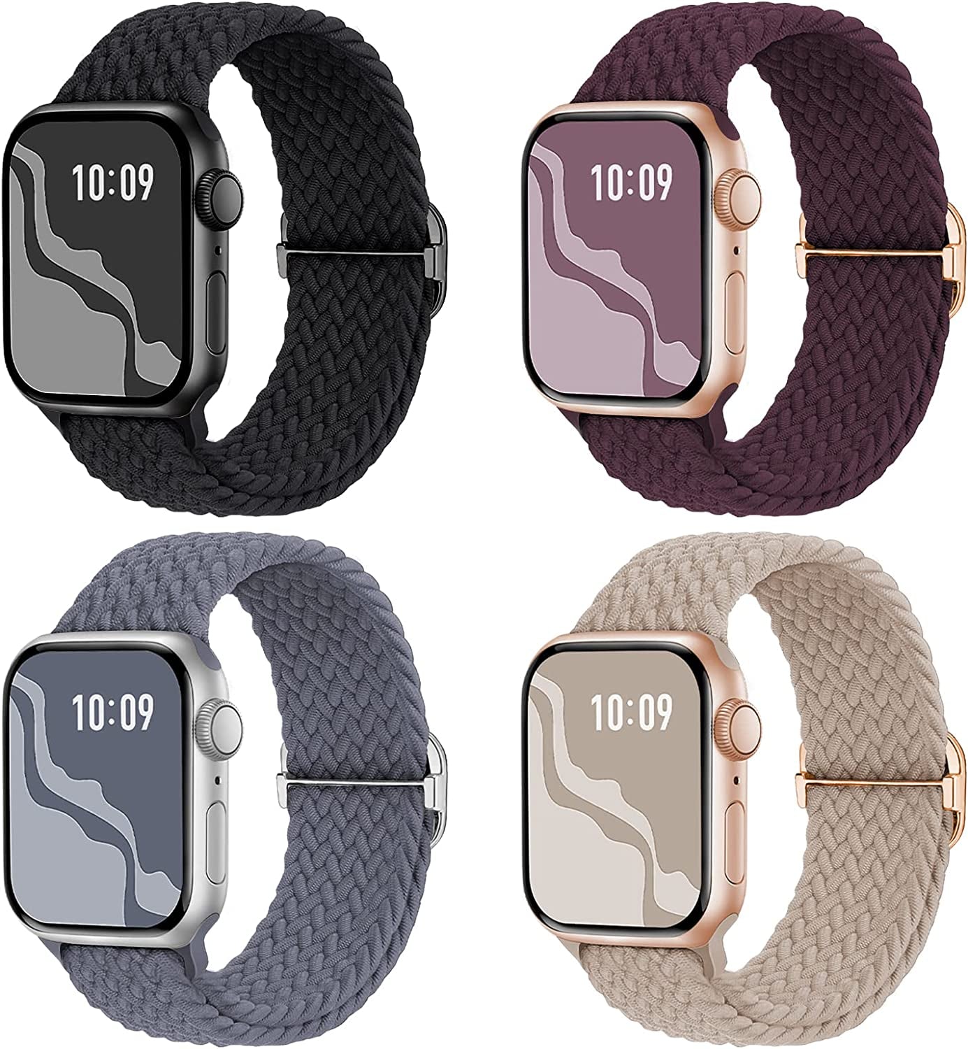Braided Stretchy Solo Loop Compatible for Apple Watch Band 38Mm 40Mm 41Mm 42Mm 44Mm 45Mm 49Mm for Women Men, Nylon Elastic Straps Wristbands for Iwatch Series 8 7 6 SE 5 4 3 2 1 Ultra, 4Packs  Suitisbest Milk Tea/Blue Gray/Dark Cherry/Black 38/40/41mm 