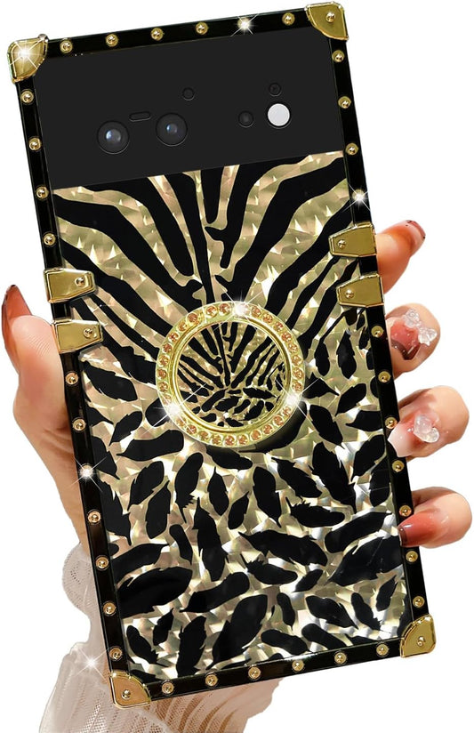 Designed for Google Pixel 6 Phone Case Luxury Square Case Drop Shockproof Protection Cover Elegant Cute Shining Retro Golden Glitter Leopard Cheetah Case for Google Pixel 6 - Leopard  Easyscen   