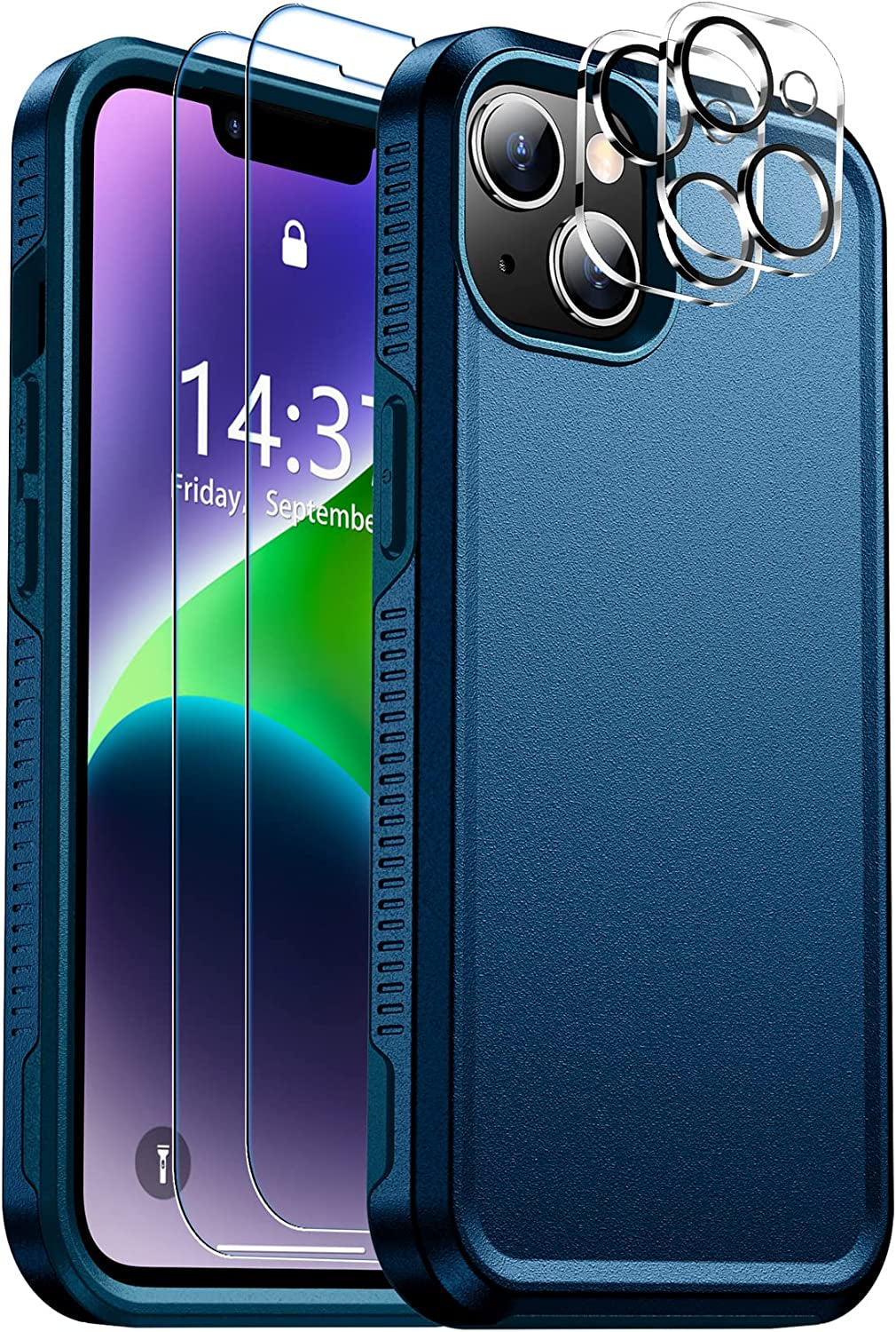 SPIDERCASE for Iphone 14 Case, [10 FT Military Grade Drop Protection][Non-Slip] [2+Tempered Glass Screen Protector][2+Tempered Camera Lens Protector] Heavy Duty Full-Body Shockproof Case, Black  SPIDERCASE Sea Blue  