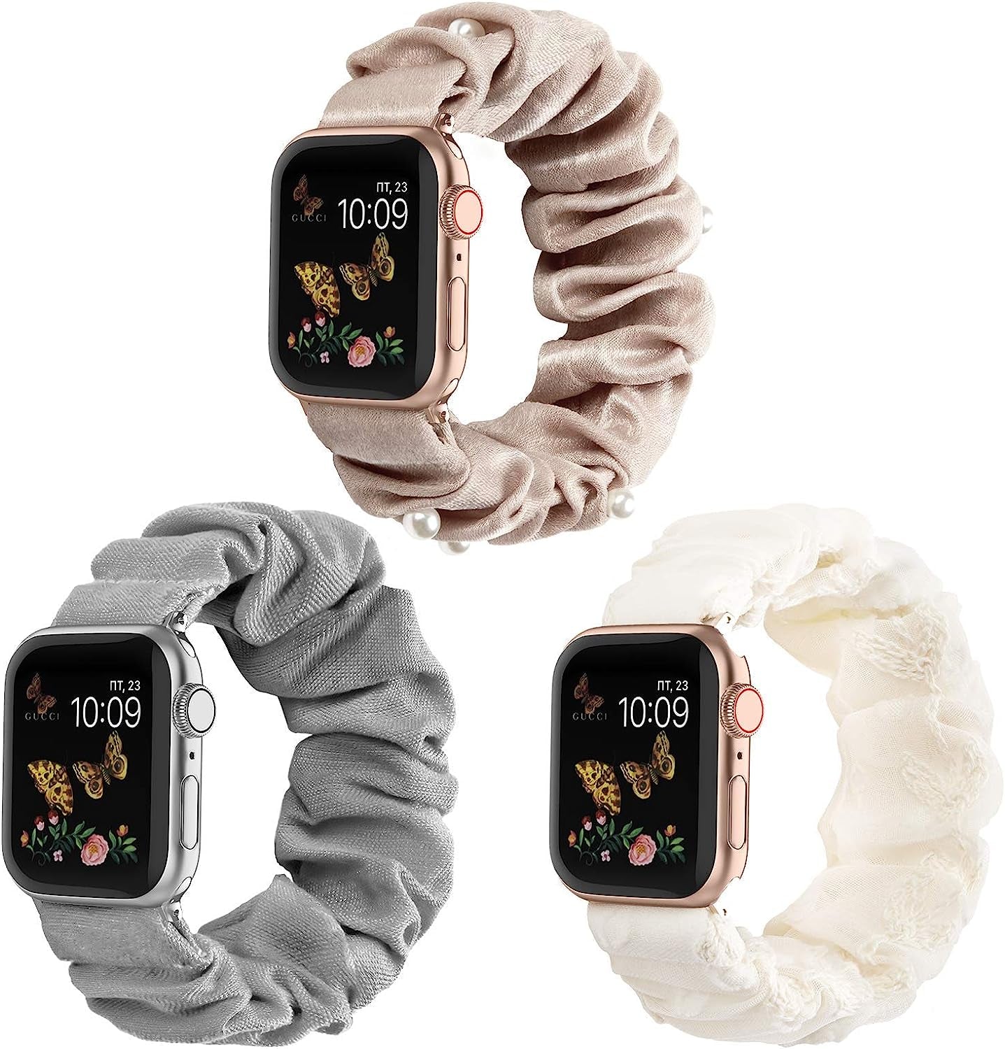 Recoppa Compatible for Scrunchie Apple Watch Band 38Mm 41Mm 42Mm 40Mm 44Mm 45Mm Cute Print Elastic Watch Bands Women Bracelet Strap for Apple Iwatch Series 7 6 5 4 3 2 1 SE(3 Pack, 38/40/41Mm-Small)  Recoppa Gray/Floral Lace/Light Pink 38mm/40mm/41mm-Large 