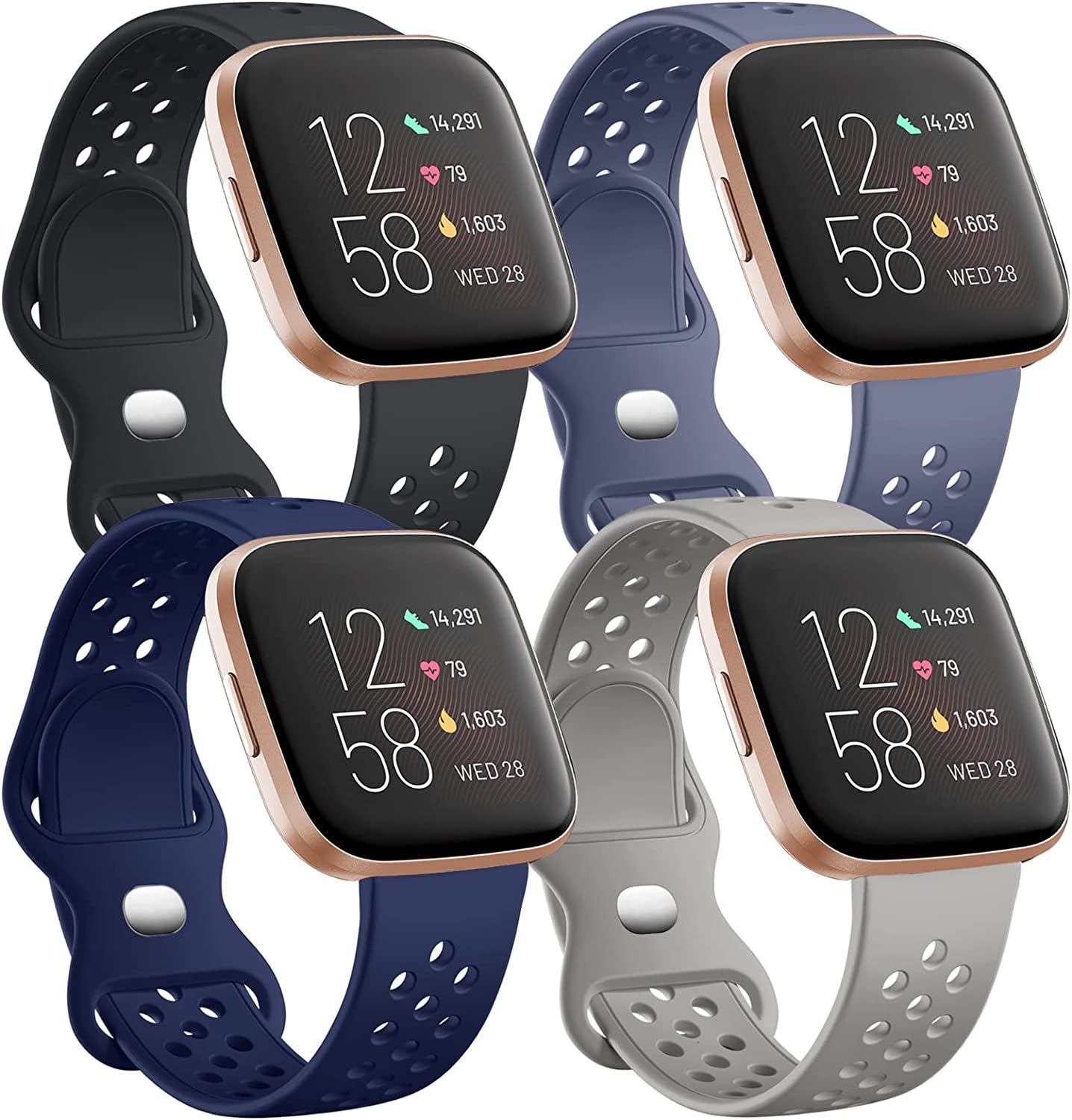 Witzon 4 Pack Compatible with Fitbit Versa / Versa Lite / Versa 2 Band, Breathable Replacement Wristbands Soft Silicone Sport Bands for Versa 2 Smart Watch for Women Men, Small, Black/White/Gray/Pink  Witzon Black/Navy/Blue Gray/Gray Small 