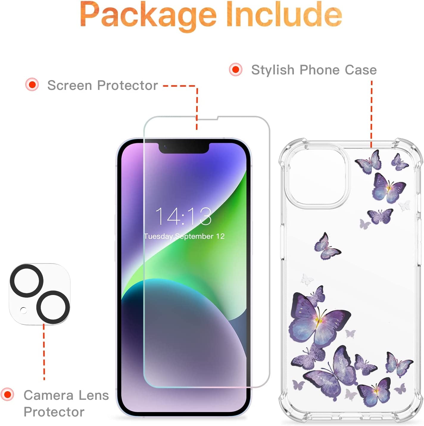 GVIEWIN Compatible with Iphone 14 Case with Screen Protector+Camera Lens Protector, Soft Shockproof Clear Floral Phone Protective Cover for Women, Flower Pattern Design 6.1"(Alluring Butterfly/Purple)  GVIEWIN   