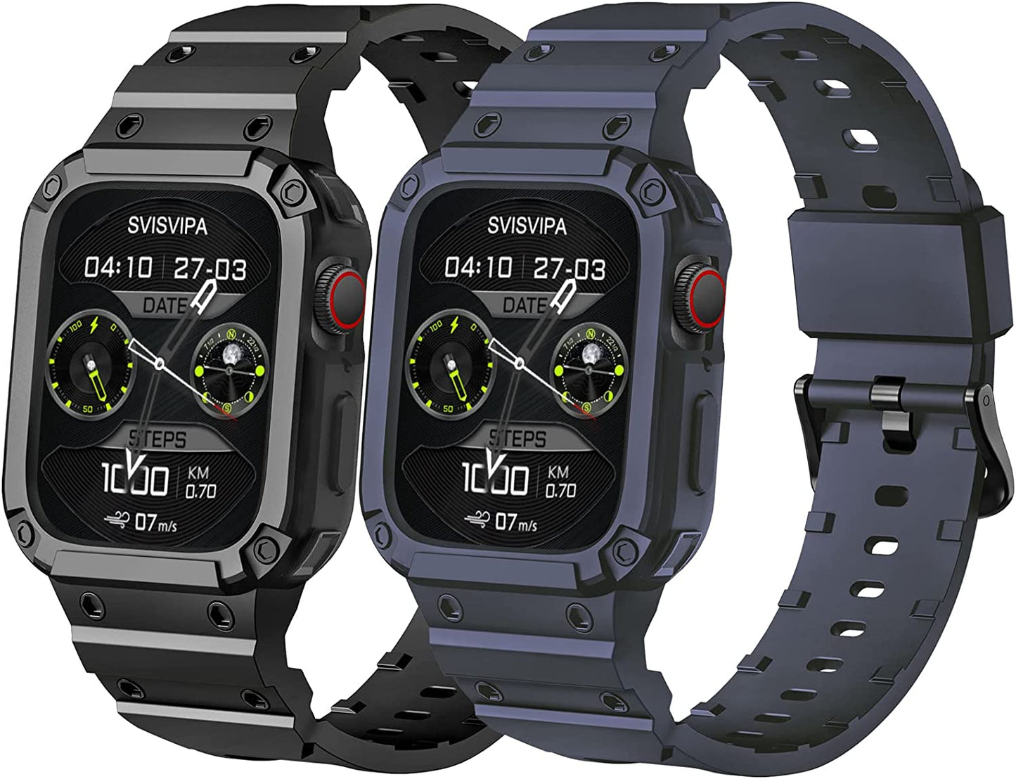 [2 Pack] SVISVIPA Band with Case Compatible for Apple Watch 45Mm 44Mm 42Mm Iwatch Series 8 7 SE 6 5 4 3 2 1 Strap, Men Women Sport Strap with Bumper Rugged Shockproof Military Protective, 2 Pack (Black，Army Green）  SVISVIPA Black/Navy Blue Ultra 49mm 