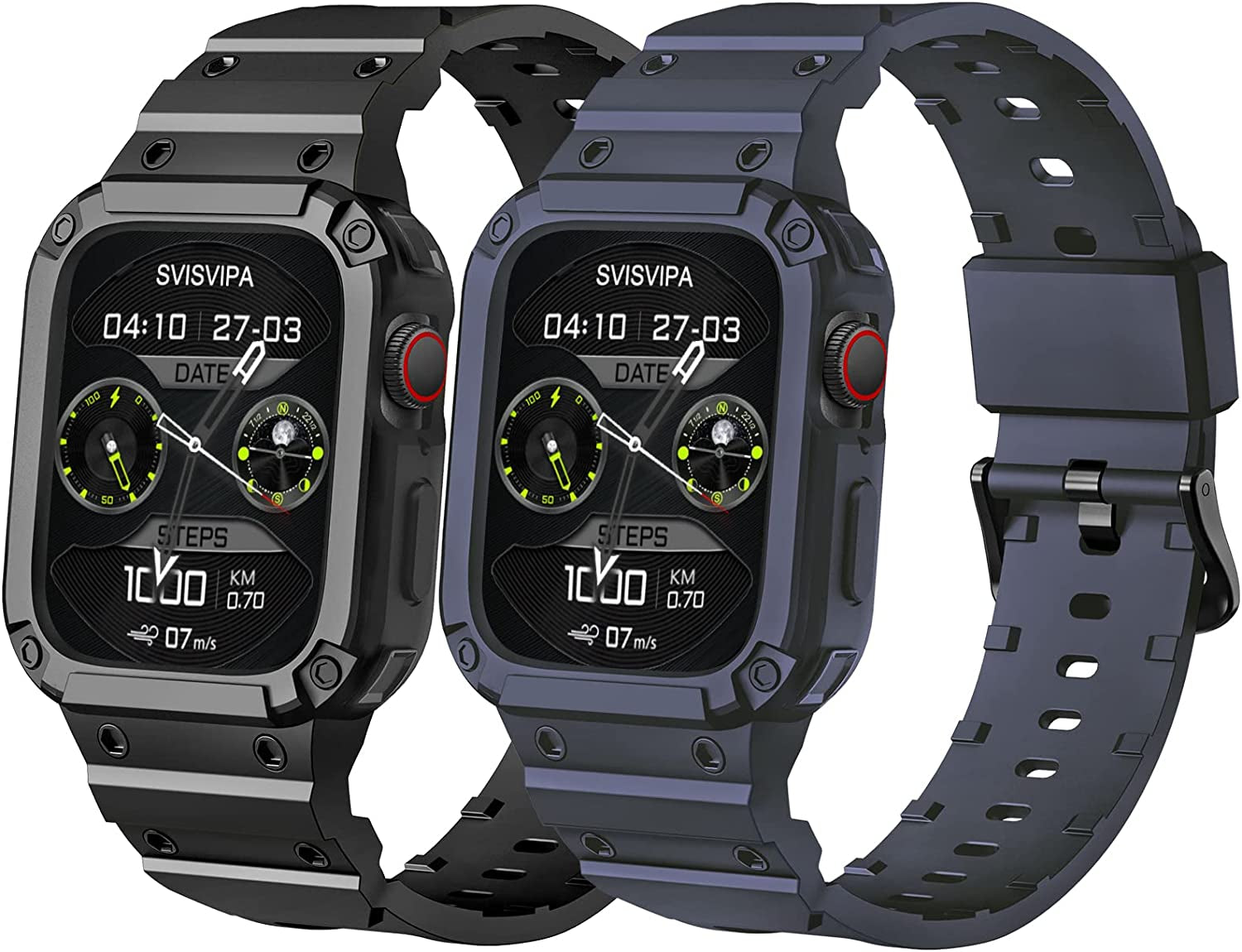 [2 Pack] SVISVIPA Band with Case Compatible for Apple Watch 45Mm 44Mm 42Mm Iwatch Series 8 7 SE 6 5 4 3 2 1 Strap, Men Women Sport Strap with Bumper Rugged Shockproof Military Protective, 2 Pack (Black，Army Green）  SVISVIPA Black/Navy Blue Ultra 49mm 