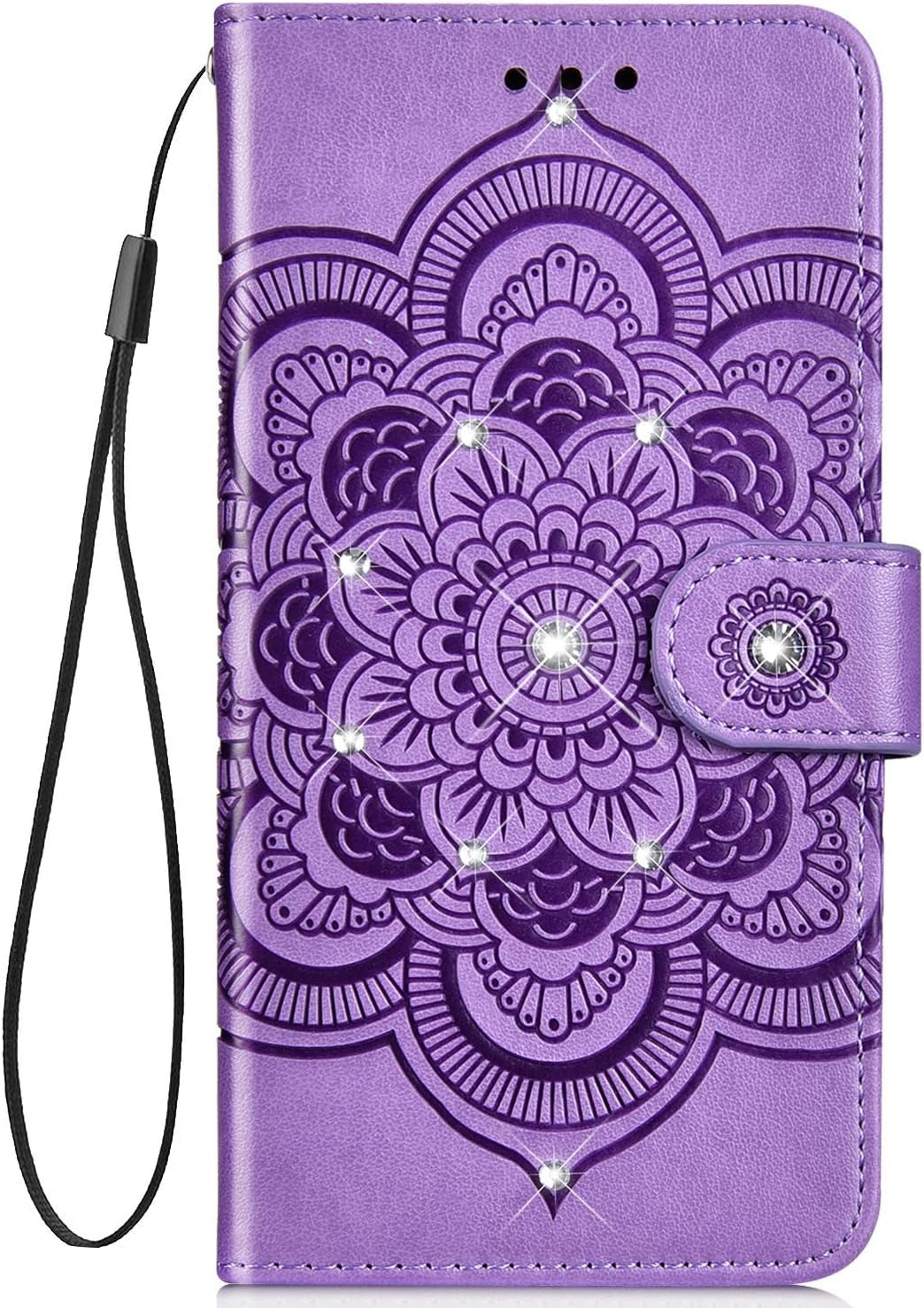 IKASEFU Compatible with LG G8 Thinq Case Shiny Sun Mandala Floral Rhinestone Pu Leather Diamond Bling Wallet Strap Case with Card Holder Shockproof Magnetic Flip Bumper Cover,Purple  IKASEFU   