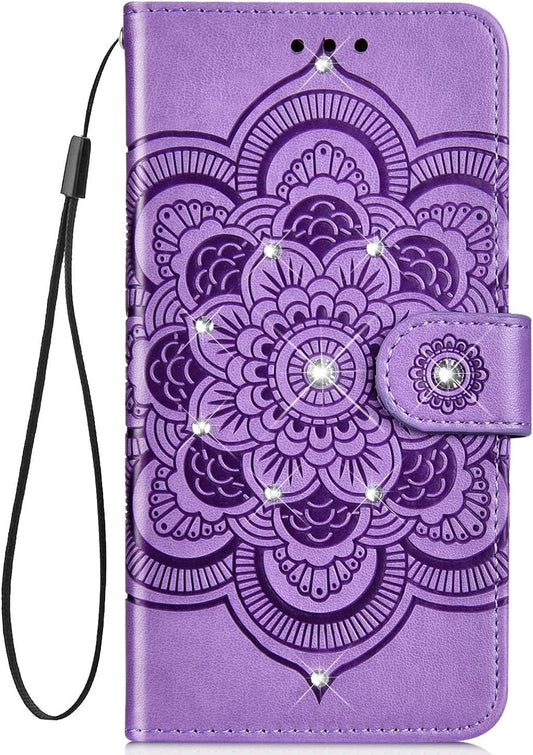 IKASEFU Compatible with LG G8 Thinq Case Shiny Sun Mandala Floral Rhinestone Pu Leather Diamond Bling Wallet Strap Case with Card Holder Shockproof Magnetic Flip Bumper Cover,Purple  IKASEFU   