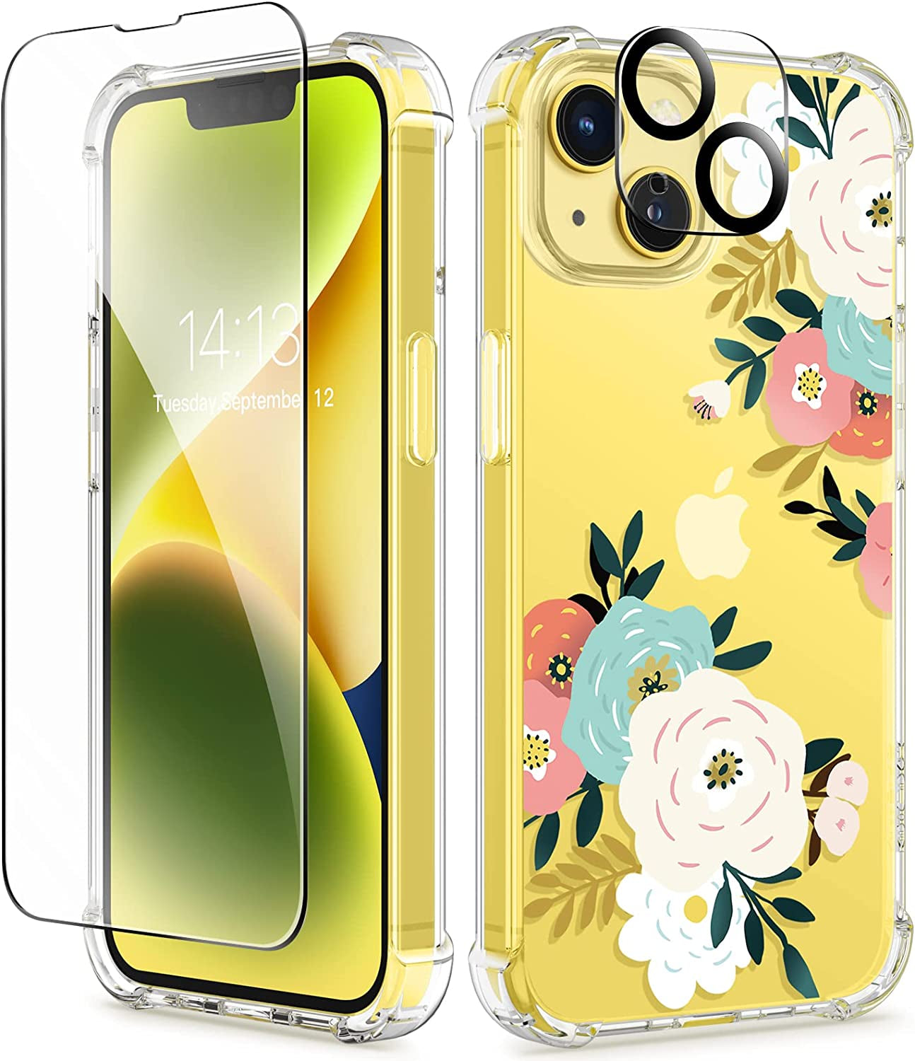 GVIEWIN Case Compatible with Iphone 14 plus 6.7 Inch,With Screen Protector + Camera Lens Protector, Clear Flower Shockproof Soft Protective Floral Women Phone Cover, 2022 (Cherry Blossoms/Purple)  GVIEWIN B-Abundant Blossom/White  