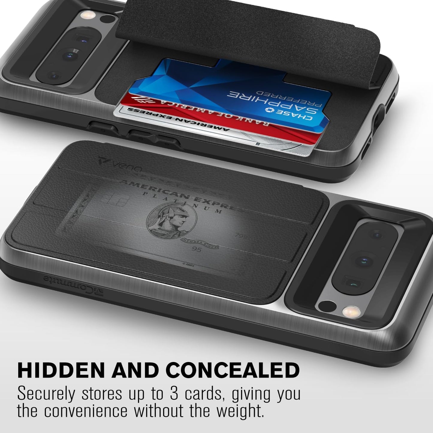 VENA Vcommute Wallet Case Compatible with Google Pixel 8 Pro (2023), (Military Grade Drop Protection) Flip Leather Cover Card Slot Holder with Kickstand - Space Gray  Vena   