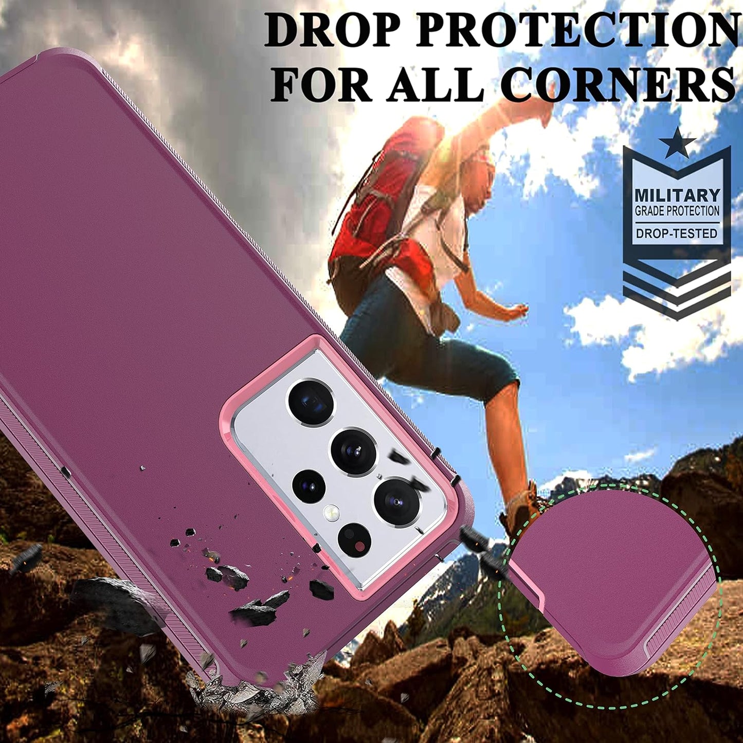 Ymhxcy Galaxy S21 Ultra Case with Self Healing Flexible TPU Film[2 Pack] and Camera Lens Screen Protective Film[2 Pack], Heavy Protection Cover for Samsung Galaxy S21 Ultra-Wine Red and Rose Pink  YmhxcY   