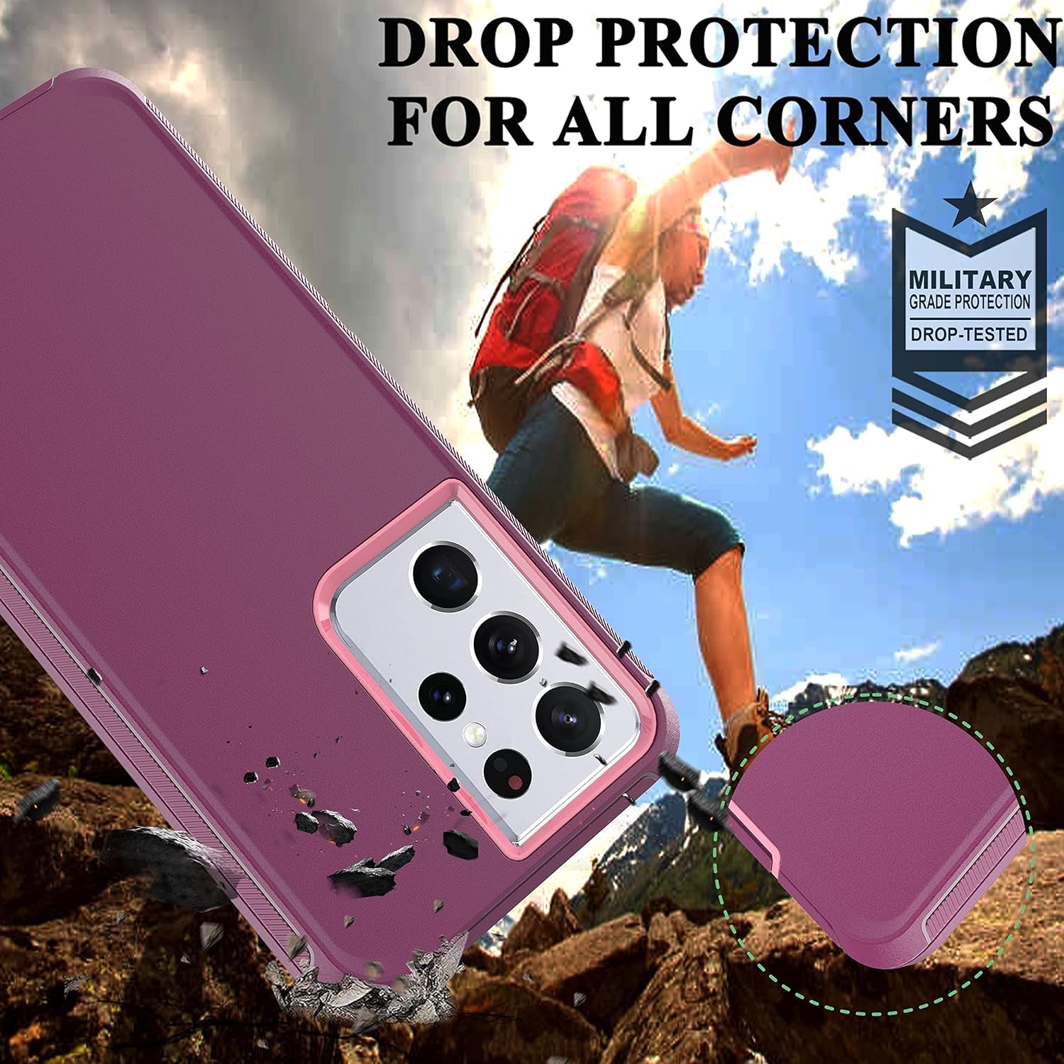 Ymhxcy Galaxy S21 Ultra Case with Self Healing Flexible TPU Film[2 Pack] and Camera Lens Screen Protective Film[2 Pack], Heavy Protection Cover for Samsung Galaxy S21 Ultra-Wine Red and Rose Pink  YmhxcY   