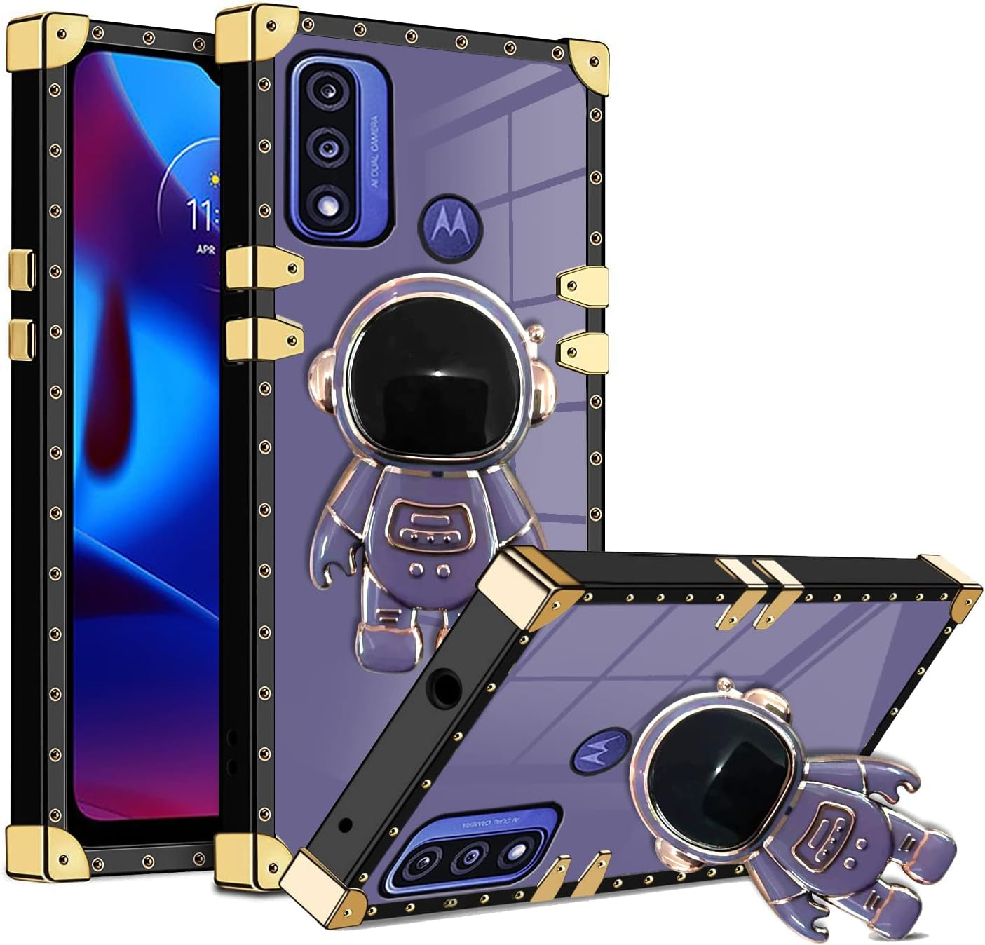 B-Wishy for Moto-G Pure Phone Case,Moto G-Power 2022 Case with Kickstand Ring Holder,Square Rivet for Girls Women Anti-Shock Slim Shockproof TPU Cover Phone Case for Moto G Play 2023(Y Black)  B-wishy Y Purple  