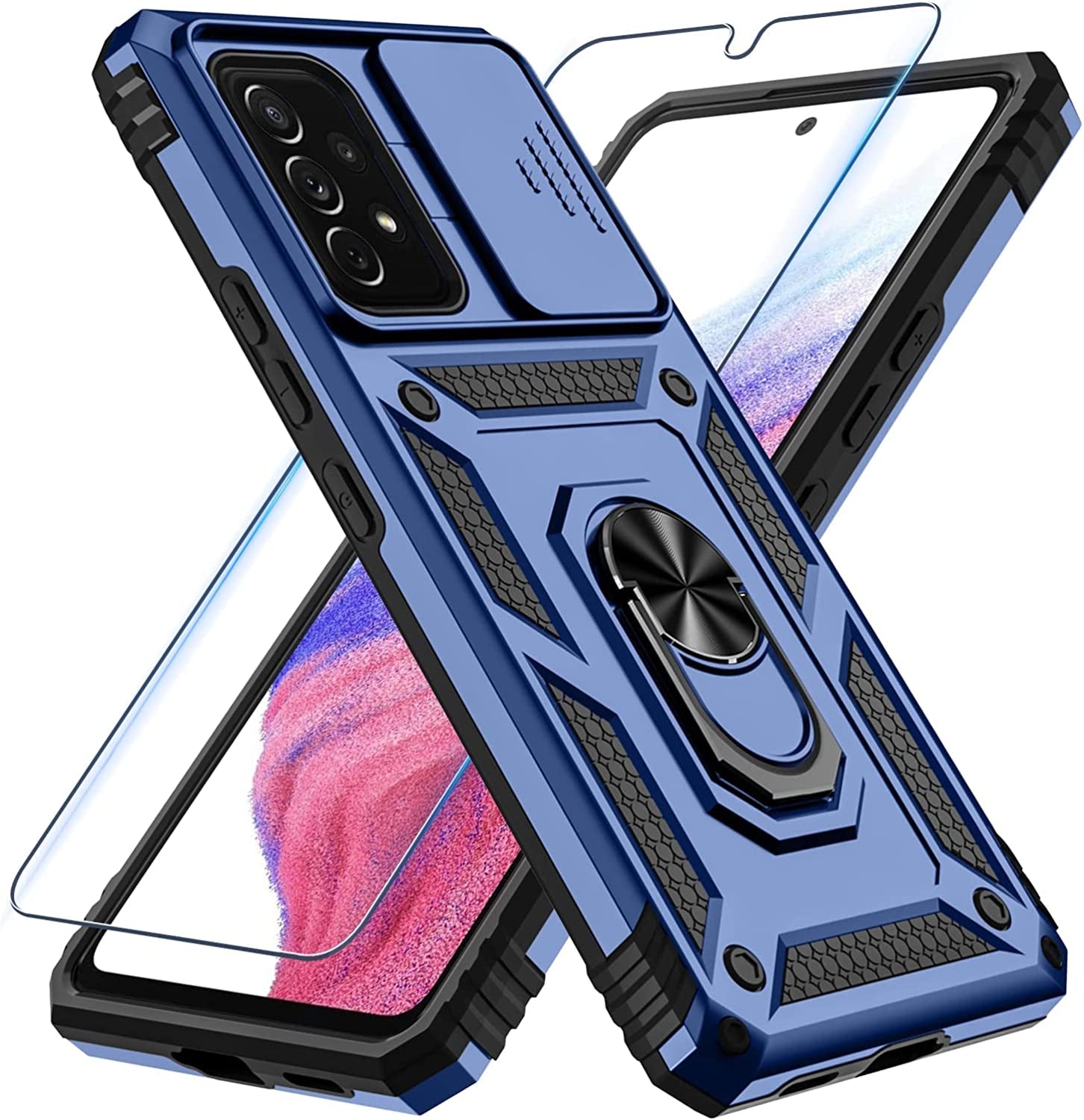 Samsung Galaxy A53 5G Case Built in Slide Camera Lens Cover and Screen Protector,Heavy Duty Shockproof Full Body Protective Phone Cover,Built in Finger Ring Stable Holder Kickstand,2022 Blue  Janmitta   