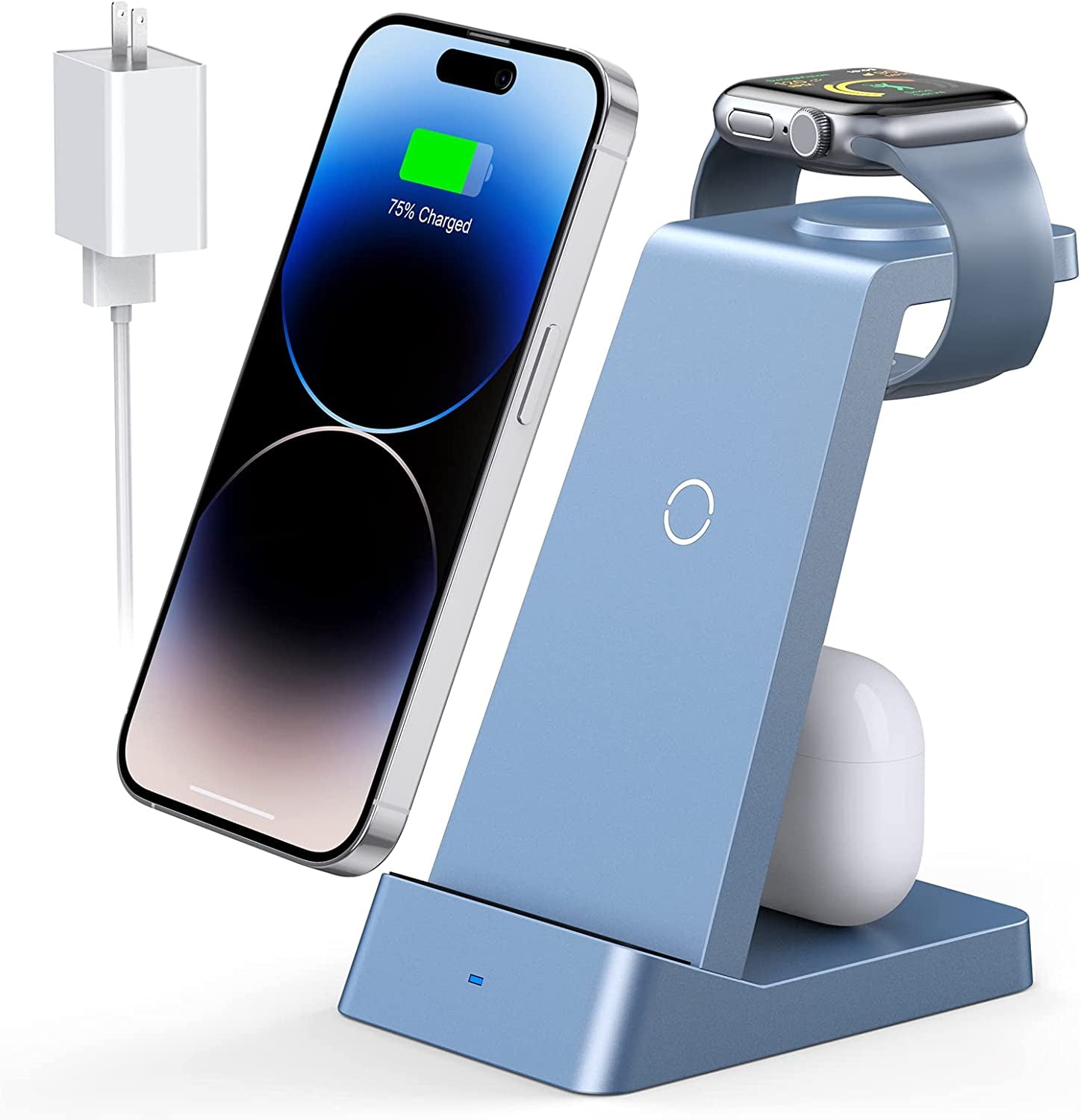 Wireless Charging Station, 18W Fast Wireless Charger for Iphone 14/13/12/11/Pro/Max/Se/Xs/Xr/X/8 Plus/8, 3 in 1 Wireless Charging Dock Stand for Apple Watch Series & Airpods (With Adapter)  Fuvuan Blue  