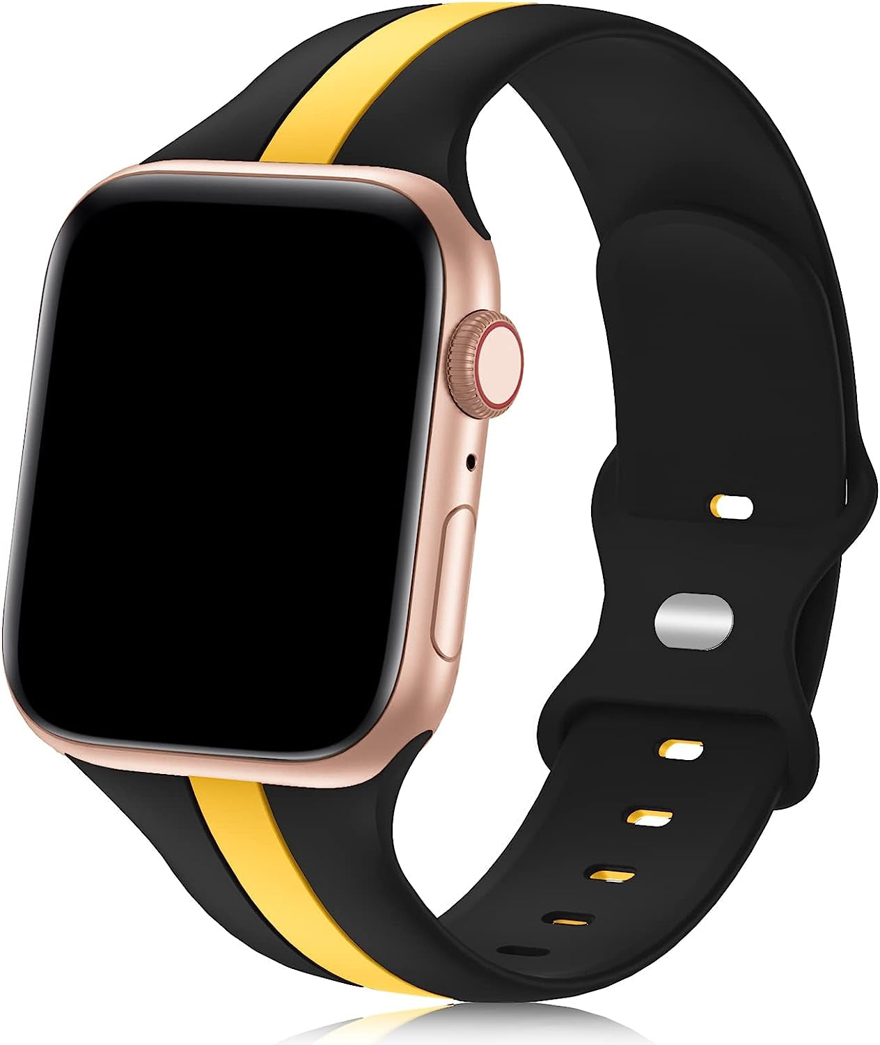 Designer Sport Band Compatible with Apple Watch Iwatch Bands 38Mm 40Mm 41Mm 42Mm 44Mm 45Mm 49Mm Men Women, Soft Silicone Strap Wristbands for Apple Watch Series 8/7/6/5/4/3/2/1/Se/Ultra  seizehe Black Yellow 38mm/40mm/41mm 