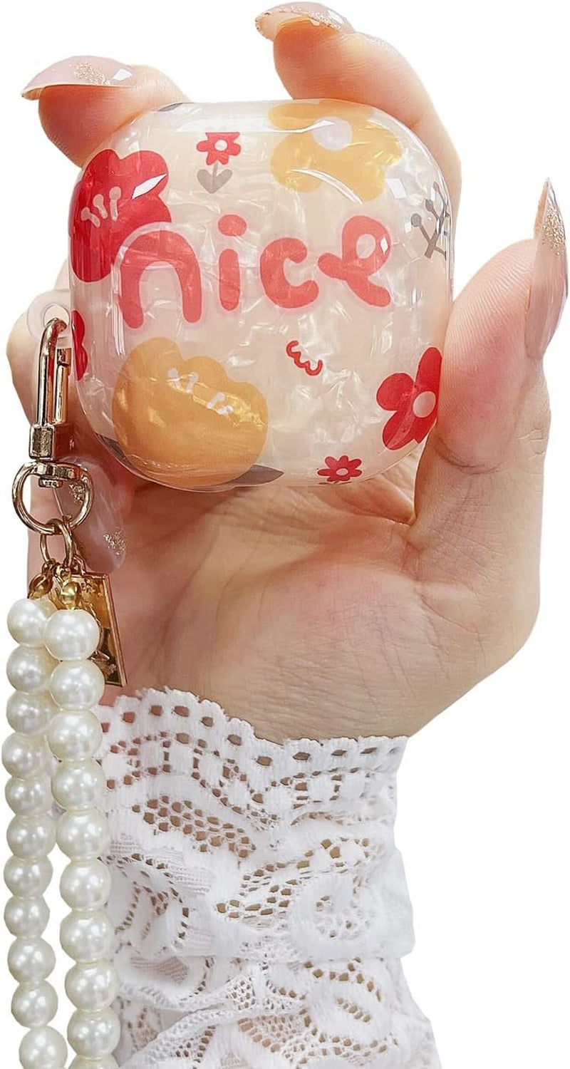 Fycyko Compatible with Samsung Galaxy Buds 2 Pro(2022)/Galaxy Buds Pro Case/Galaxy Buds 2 Case/Galaxy Buds Live Case with Pearl Keychain Cute Shockproof Protective Cover Case White  Fycyko Flower  