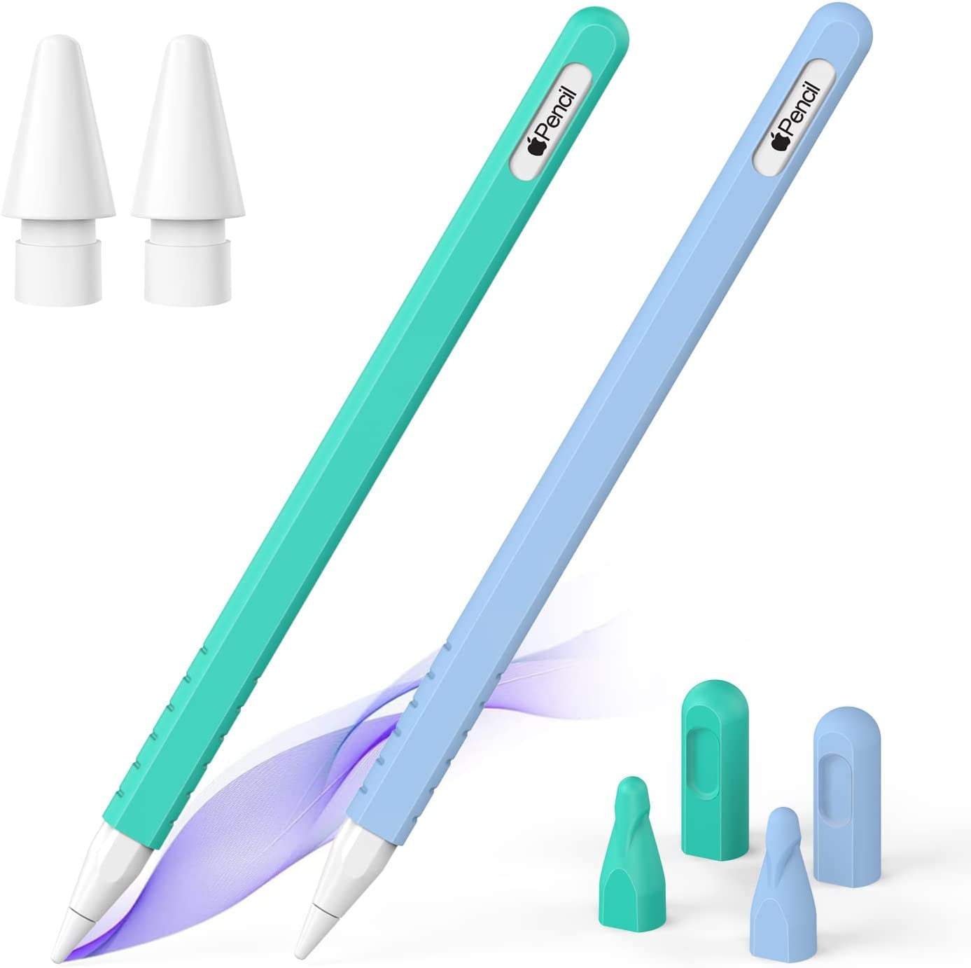 2 Pack Case Compatible with Apple Pencil 2Nd Generation, Protective Sleeve Accessories for Apple Pen 2Nd Silicone Grip Skin for Ipencil 2 Gen W/ 2 Replacement Pencil Tips, 4 Nibs Cover, Pink + Purple  Laviitp Blue + Green  