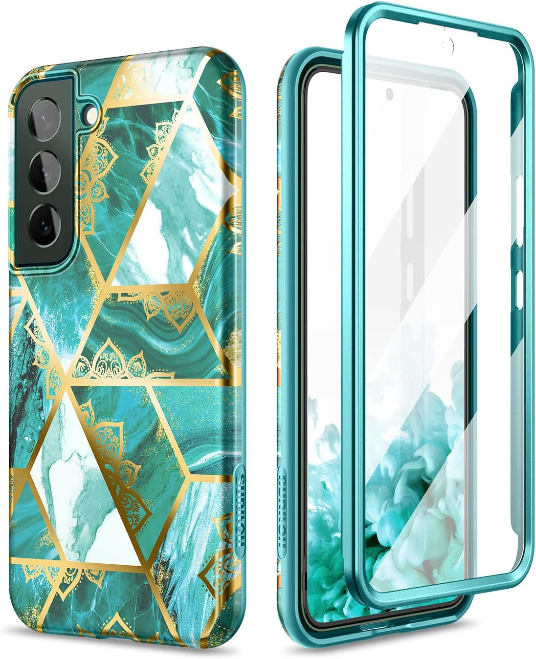 SURITCH for Samsung Galaxy S22 Case, [Built-In Screen Protector] Full Body Protection Shockproof Rugged Bumper Slim Soft Silicone Protective Cover for Galaxy S22 6.1 Inch (Green Mandala)  SURITCH   