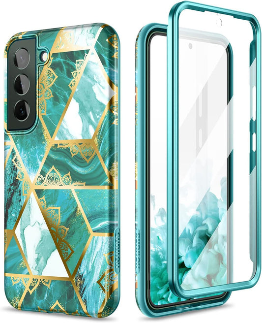SURITCH for Samsung Galaxy S22 Case, [Built-In Screen Protector] Full Body Protection Shockproof Rugged Bumper Slim Soft Silicone Protective Cover for Galaxy S22 6.1 Inch (Green Mandala)  SURITCH   