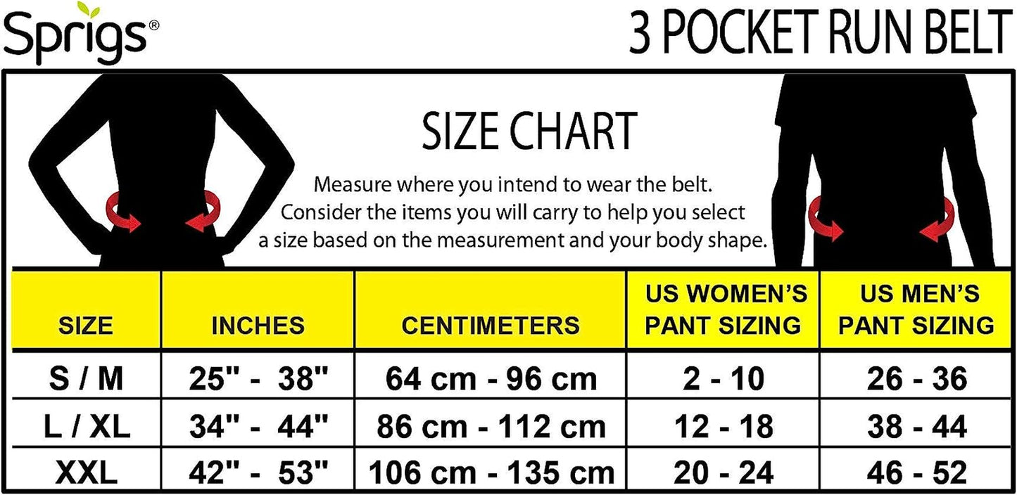 3 Pocket Adjustable Running Belt Waist Pack, Fanny Pack for Working Out with Sweat Resistant Backing, Holds All Iphone Models  Sprigs   