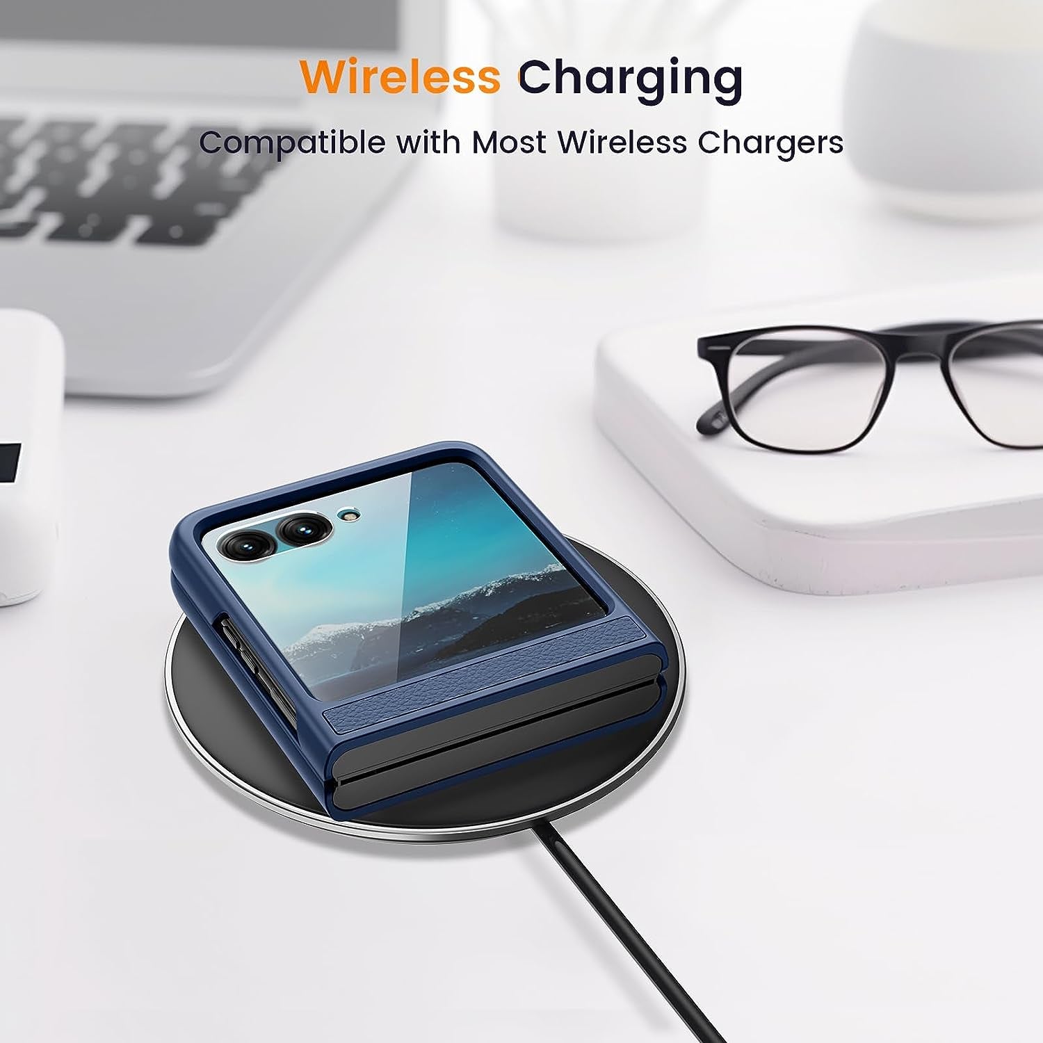 NULETO for Moto Razr plus 2023 Case with Kickstand, Razr+ Phone Case with Built-In Screen Protector for Outer Screen, Drop Protective Slim Motorola Razr plus Case with Luxury Leather Cover, Blue  NULETO   