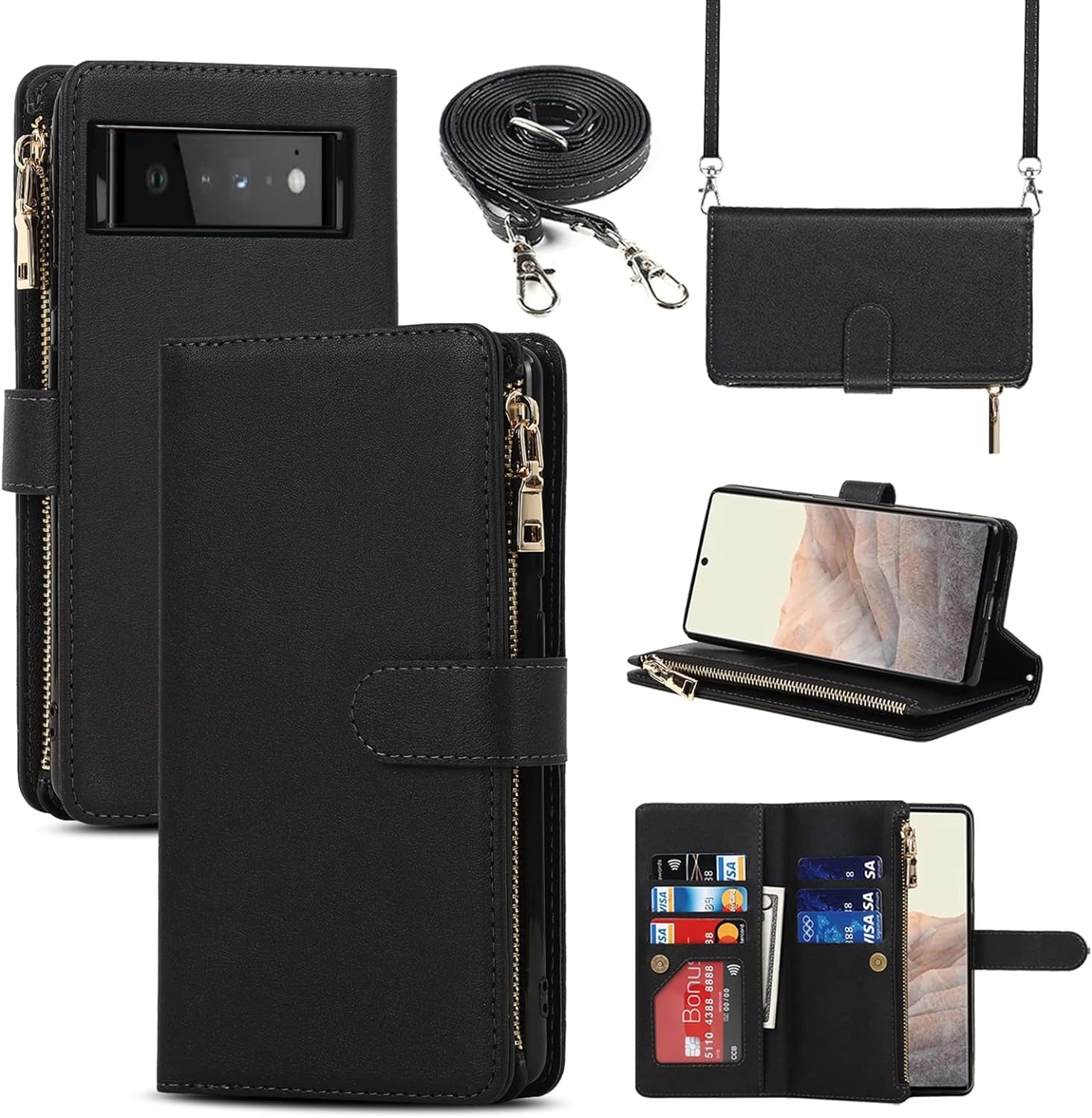 Jaorty Compatible with Google Pixel 6 Wallet Case,[6 Card Slots] [Wrist Strap] [Stand Feature] Detachable 2 in 1 Magnetic Zipper Leather Cover Case for Google Pixel 6,6.4" Rosegold  Jaorty 9 Card Slots Lanyard Black  