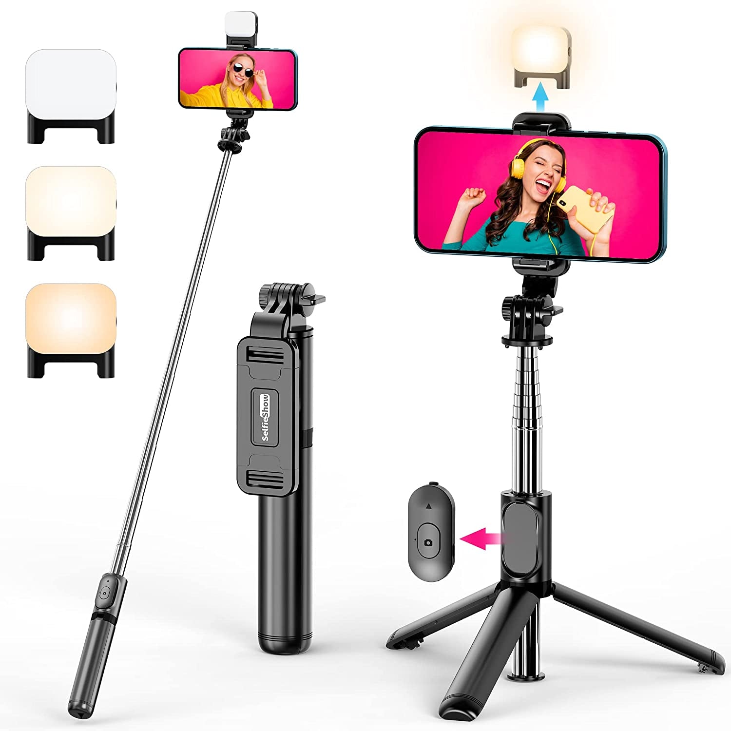 Selfie Stick, Extendable Selfie Stick Tripod with Wireless Remote and Tripod Stand, Portable, Lightweight, Compatible with Iphone 14 13 12 Pro Xs Max Xr X 8Plus 7, Samsung Smartphone and More  LDP Black & With Light  