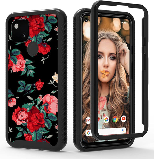 MGAH Pixel 4A 5G Case with Roses Design,Google Pixel 4A 5G Phone Case,Hybrid Triple Layer Armor Protective Cover Flexible Sturdy Anti-Scratch Shockproof Cute Case for Women and Girls-Flowers/Black  MGAH   