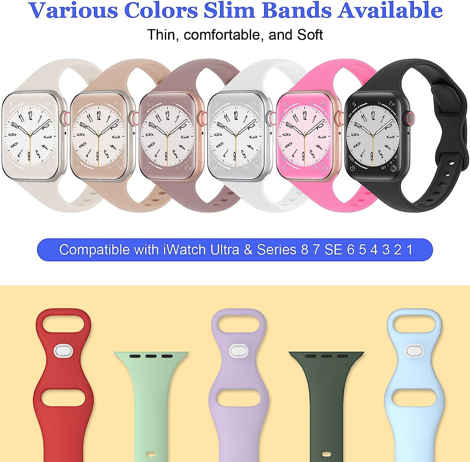 Slimband 6 Pack Slim Silicone Bands Compatible for Apple Watch Band 38Mm 40Mm 41Mm 42Mm 44Mm 45Mm 49Mm, Narrow Replacement Strap Thin Wristband for Iwatch Ultra Series 8/SE/7/6/5/4/3/2/1 Women Men  Slimband   