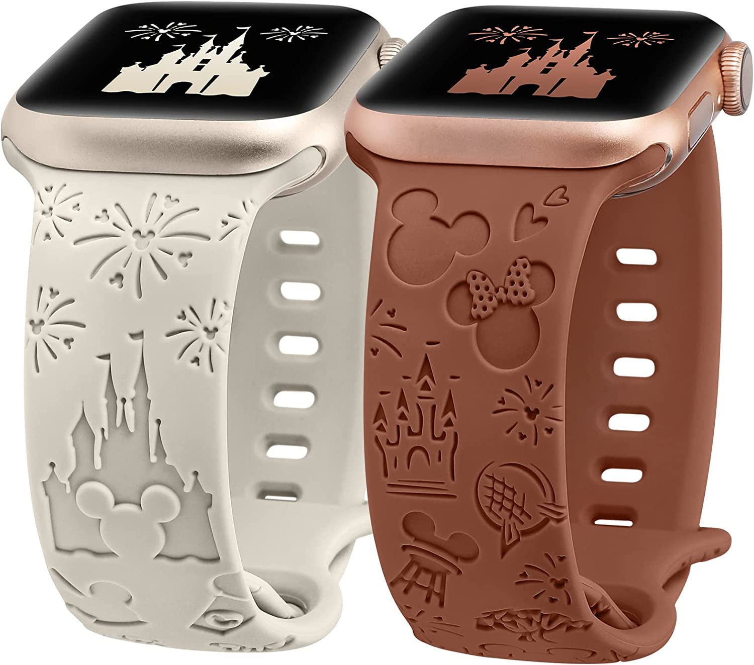 Girovo 2 Packs Cartoon Engraved Bands Compatible with Apple Watch Bands 38Mm 40Mm 41Mm 44Mm 45Mm 42Mm 49Mm Women, Cute Anime Designer Soft Silicone Strap for Iwatch Series 8/7/6/5/4/3/2/1/Se/Ultra  Girovo Starlight & Brown 42/44/45/49mm 