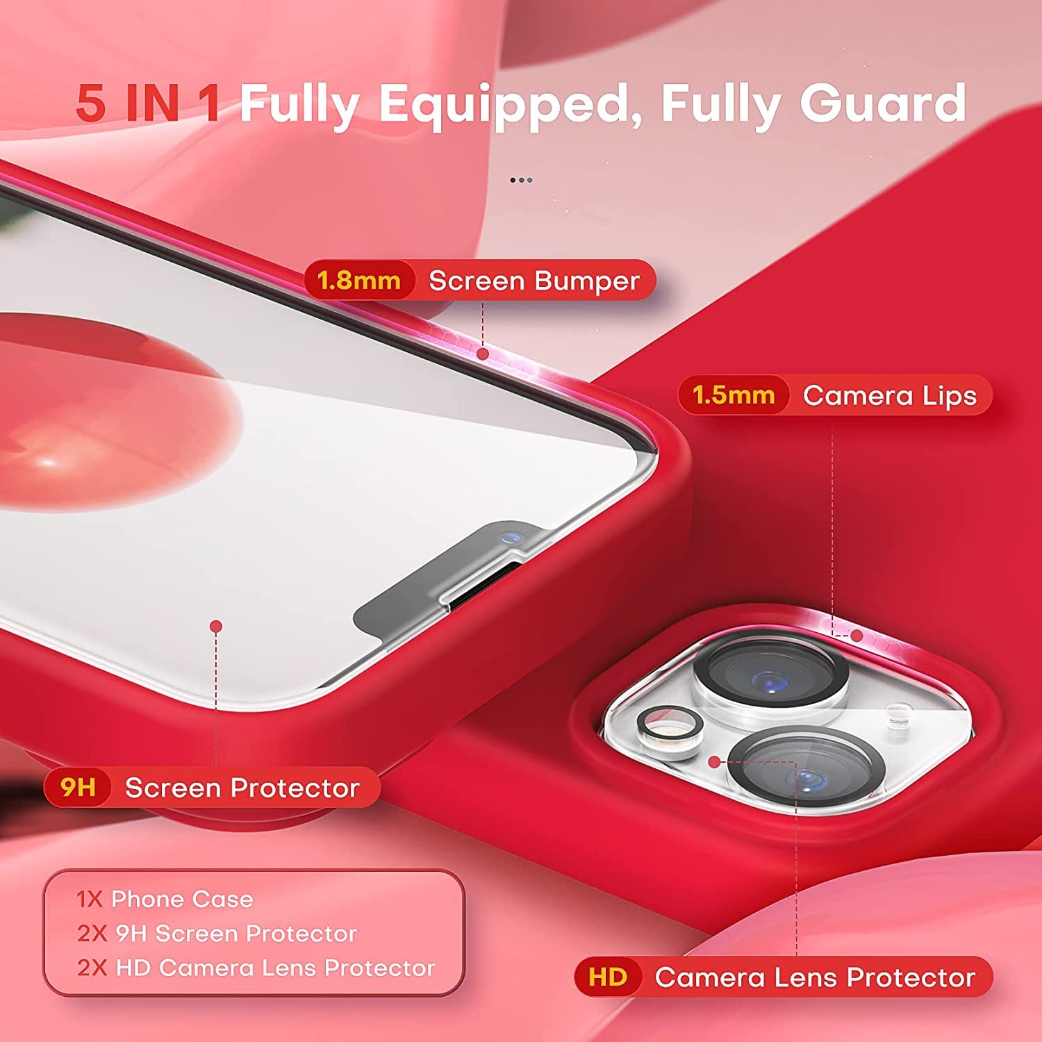 TOCOL 5 in 1 for Iphone 14 Case, with 2 Pack Screen Protector + 2 Pack Camera Lens Protector, Slim Liquid Silicone Phone Case Iphone 14 6.1 Inch, [Anti-Scratch] [Drop Protection], Bright Red  TOCOL   